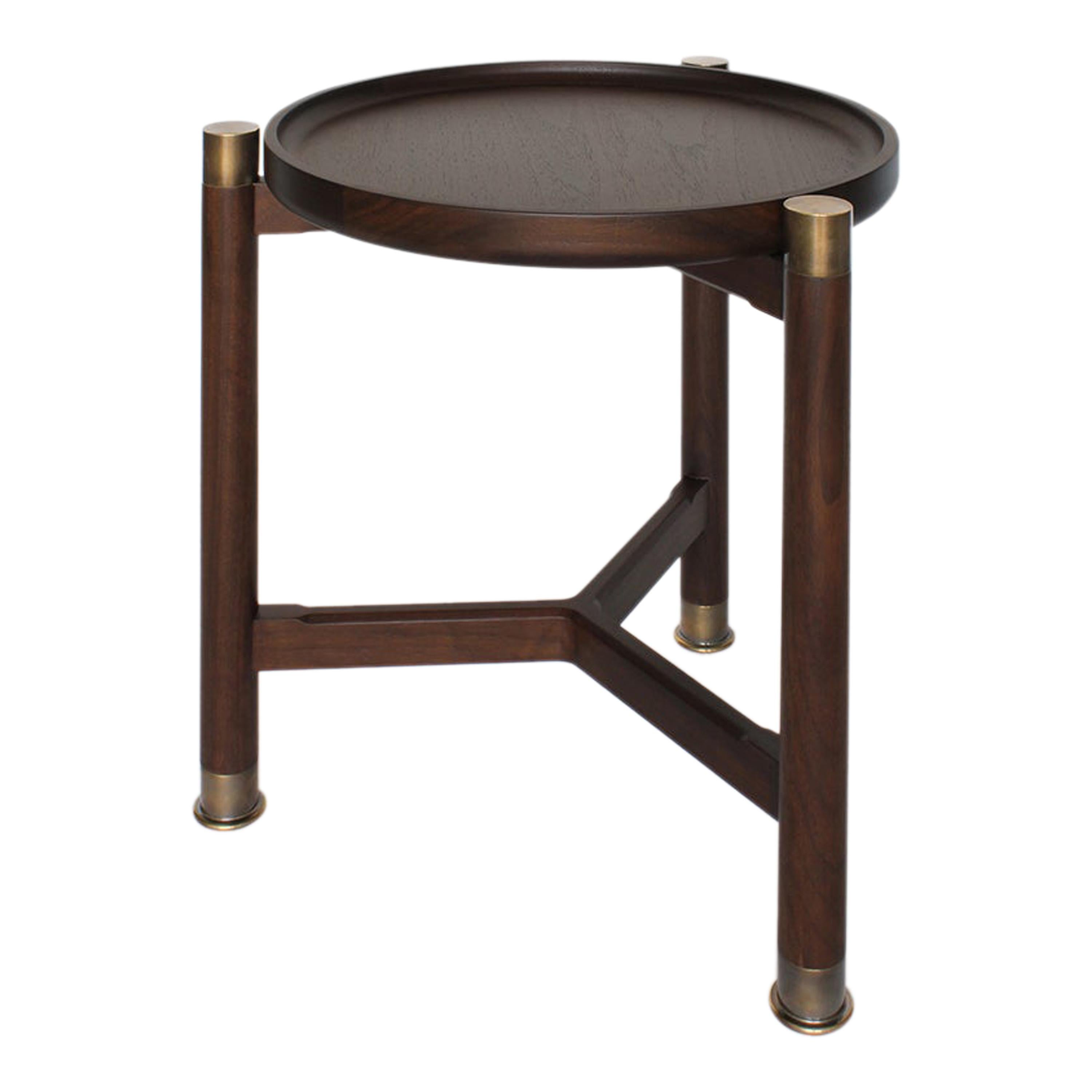 Otto Round Accent Table in Medium Walnut with Antique Brass Fittings For Sale