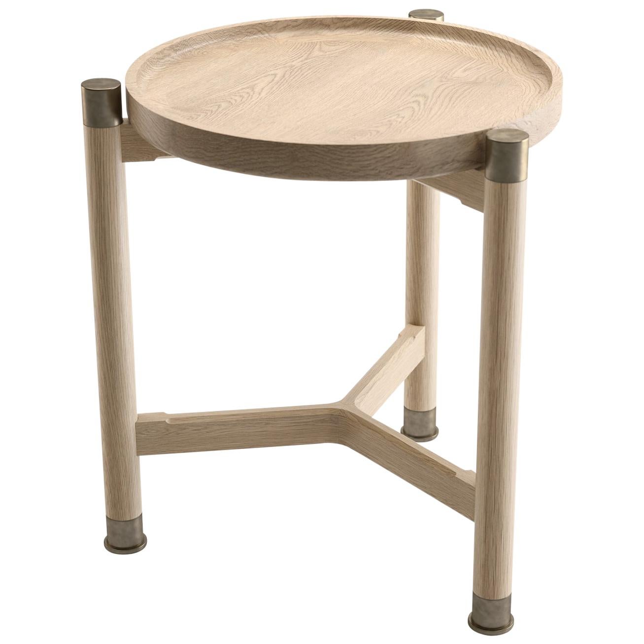 Otto Round Accent Table in Oak with Antique Brass Fittings For Sale