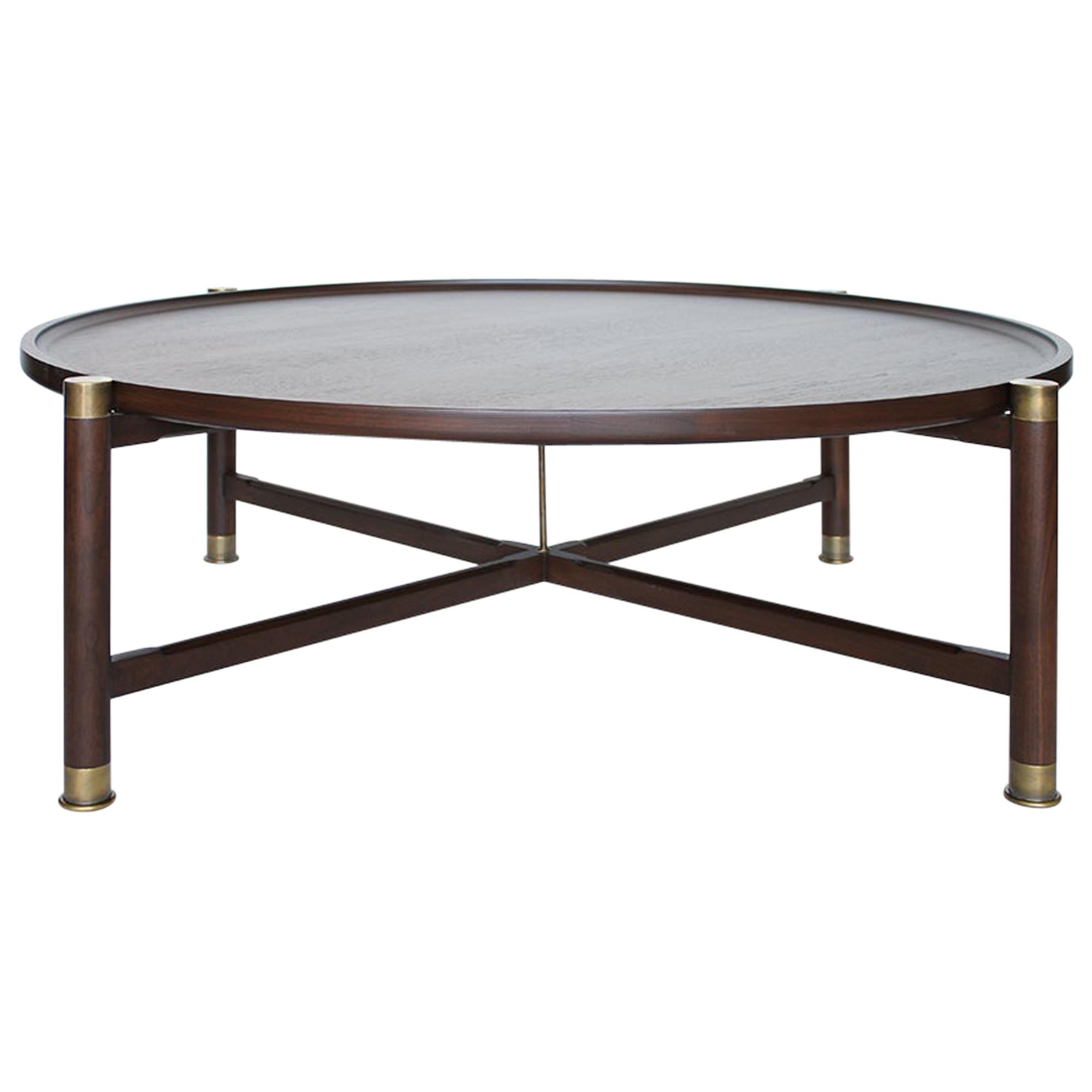 Otto Round Coffee Table in Medium Walnut with Antique Brass Fittings and Stem For Sale