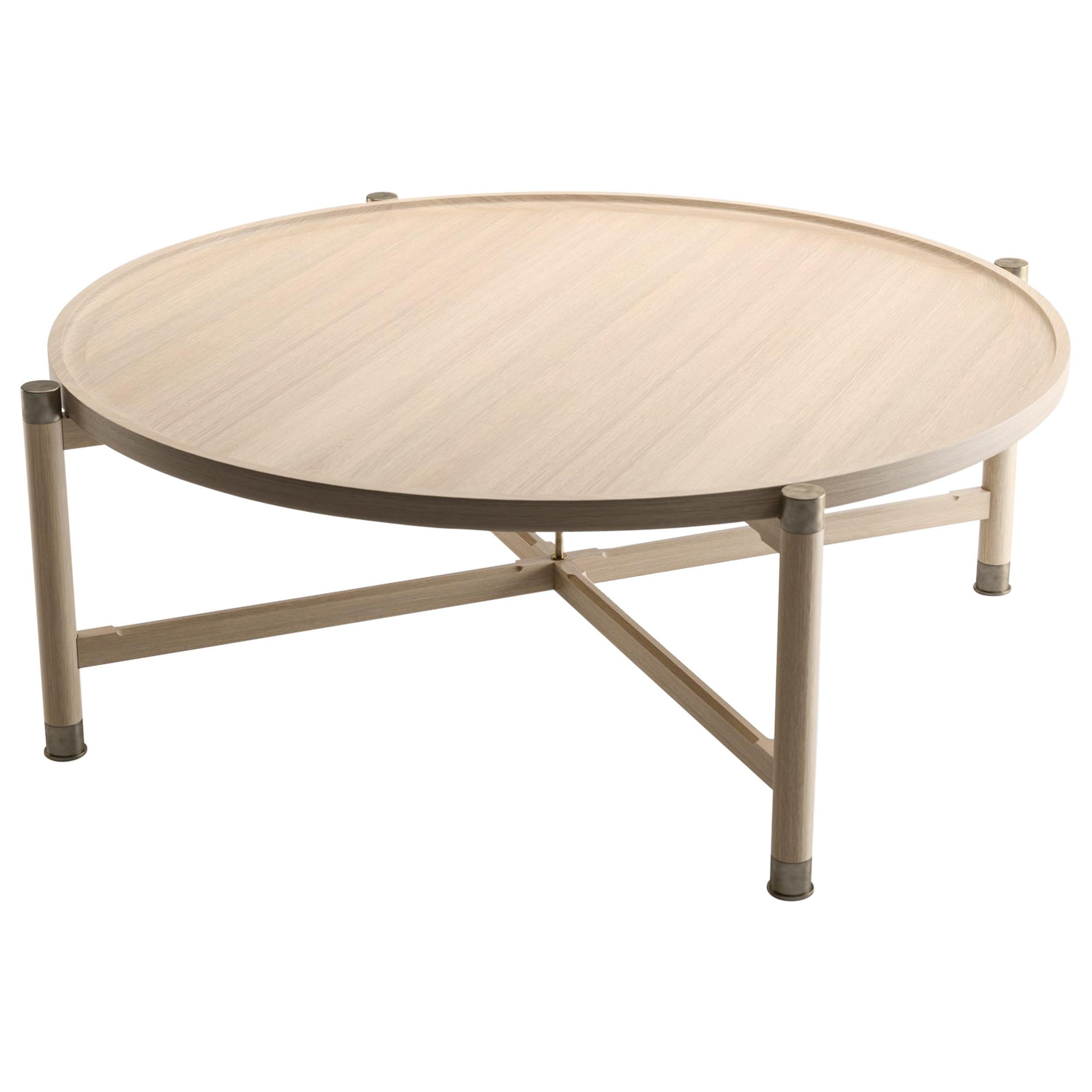 Otto Round Coffee Table in Bleached Oak with Antique Brass Fittings and Stem For Sale