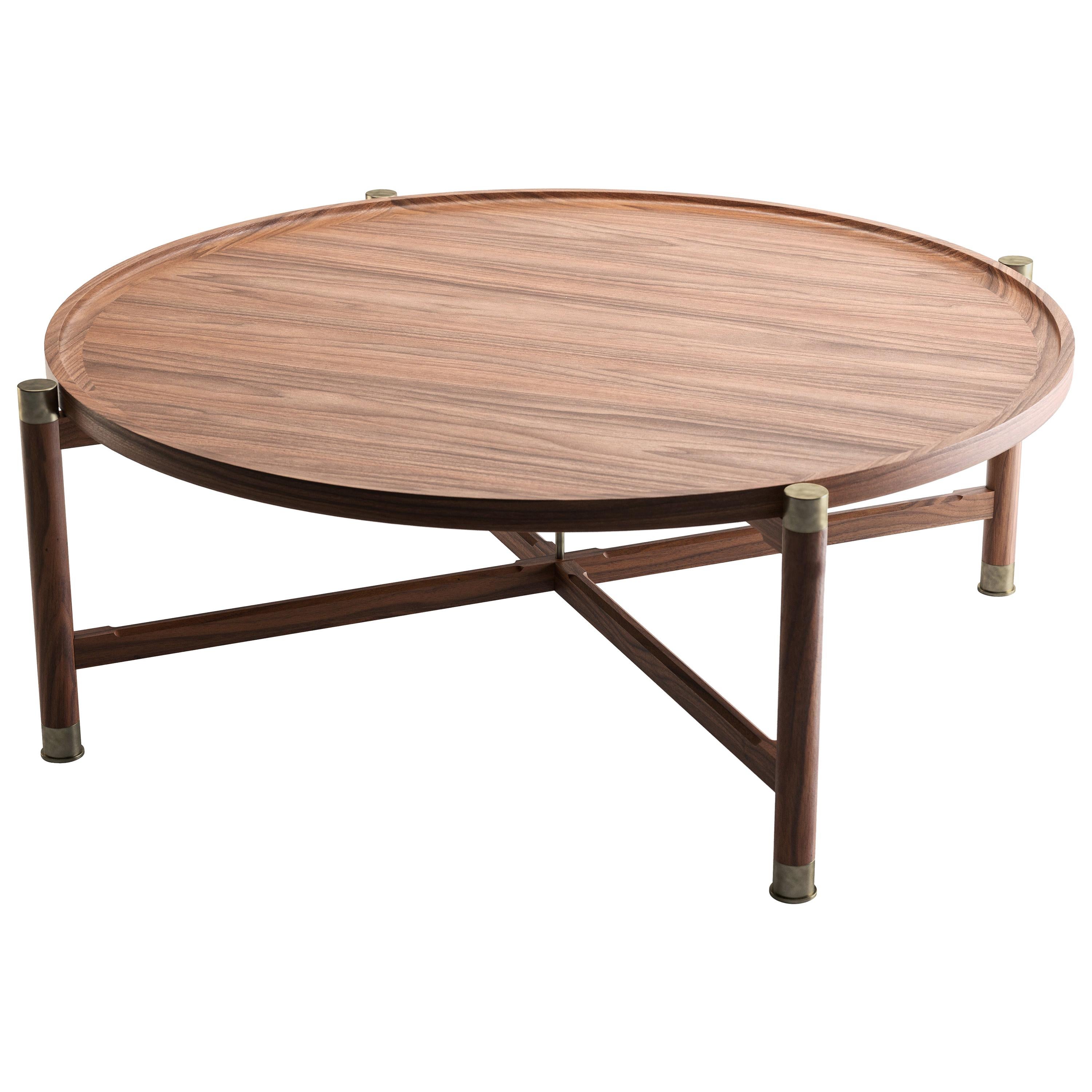 Otto Round Coffee Table in Light Walnut with Antique Brass Fittings and Stem For Sale