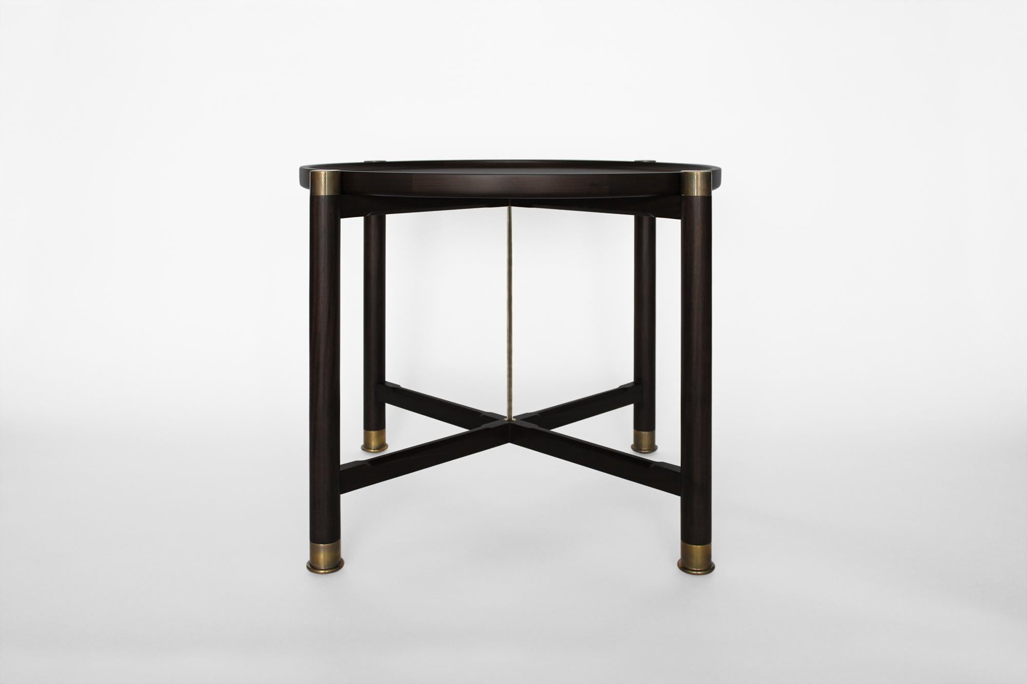 Modern Otto Round Side Table in Ebonized Oak with Antique Brass Fittings and Stem For Sale