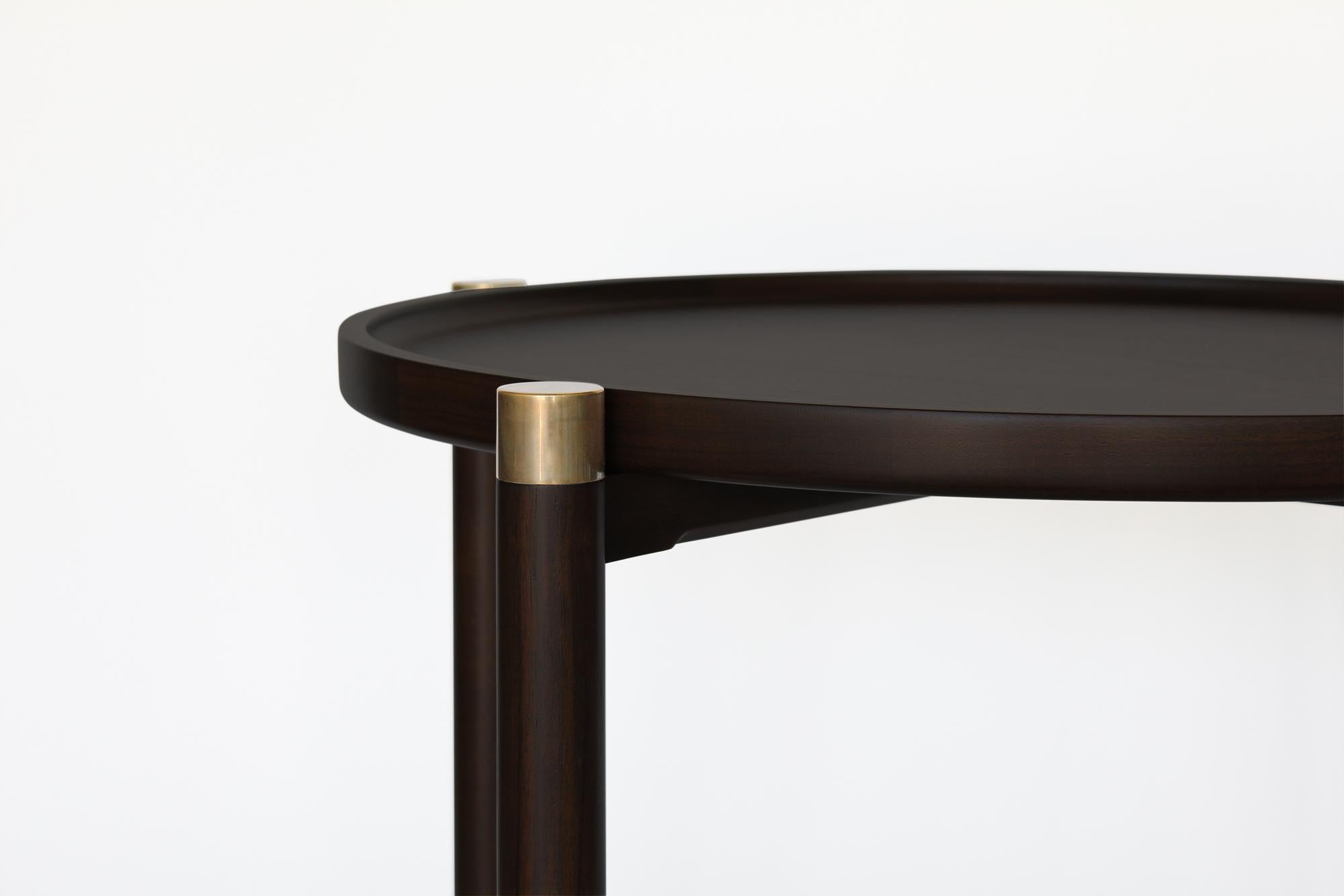 Otto Round Side Table in Ebonized Oak with Antique Brass Fittings and Stem In New Condition For Sale In Los Angeles, CA