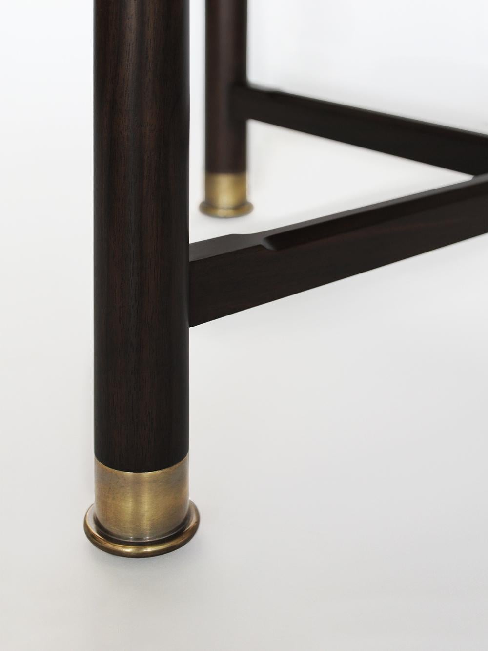 Contemporary Otto Round Side Table in Ebonized Oak with Antique Brass Fittings and Stem For Sale