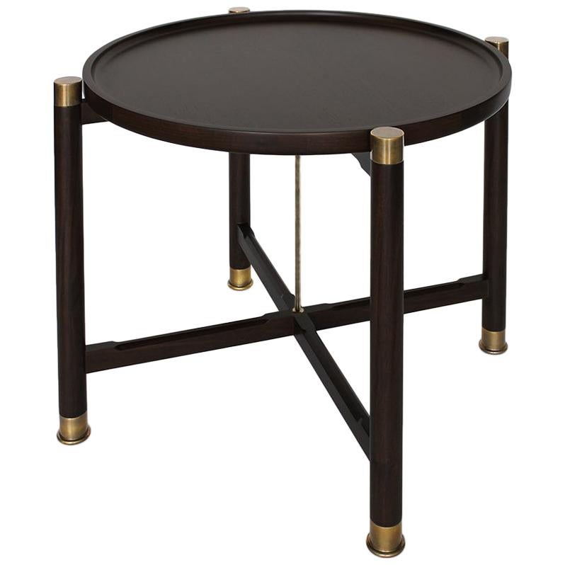 Otto Round Side Table in Ebonized Oak with Antique Brass Fittings and Stem