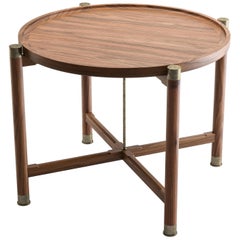 Otto Round Side Table in Light Walnut with Antique Brass Fittings and Stem