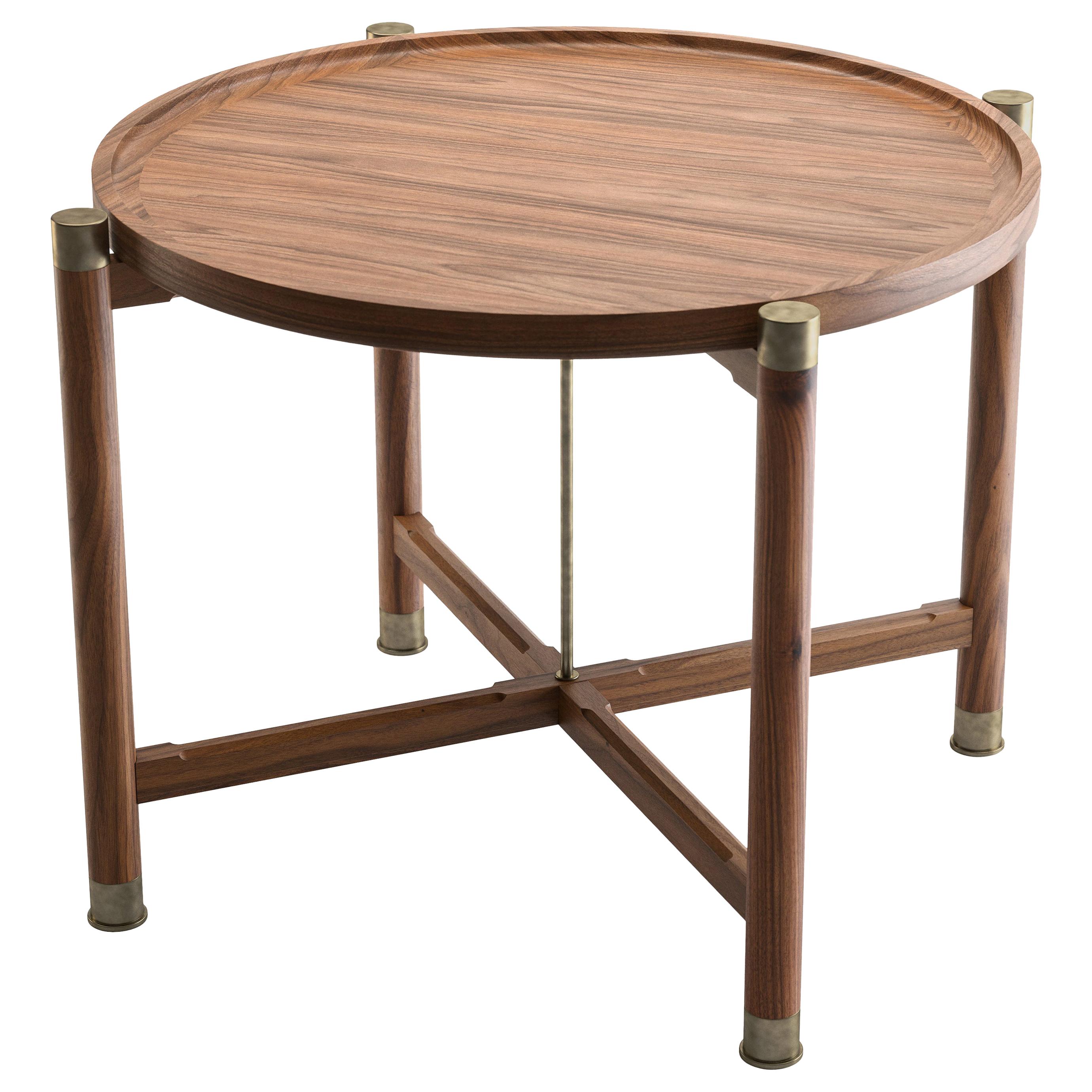 Otto Round Side Table in Light Walnut with Antique Brass Fittings and Stem For Sale