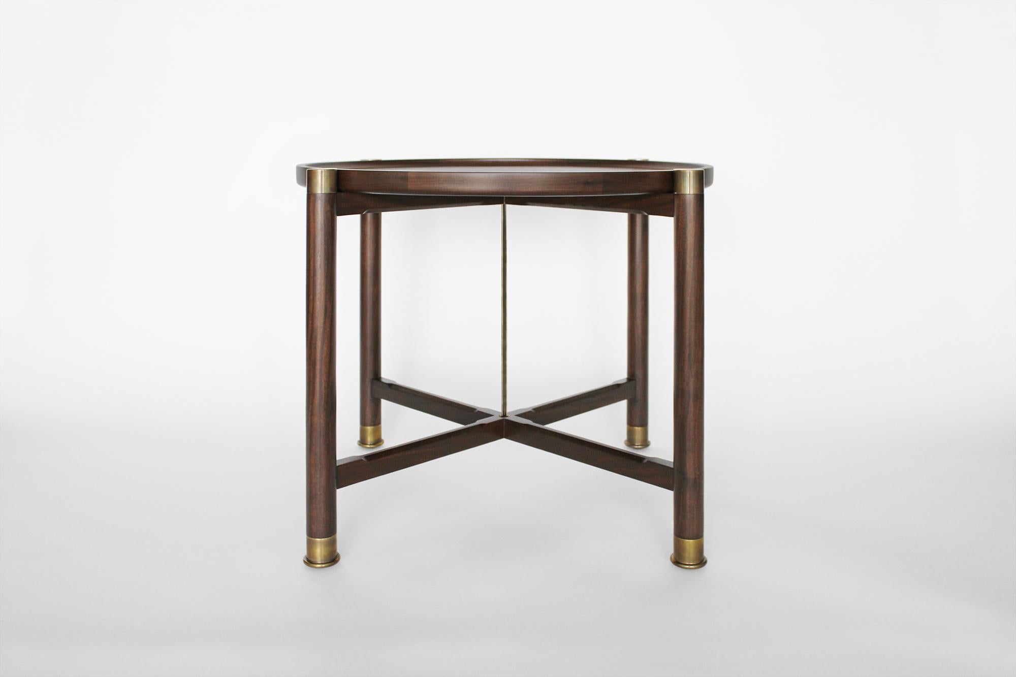 Modern Otto Round Side Table in Medium Walnut with Antique Brass Fittings and Stem For Sale