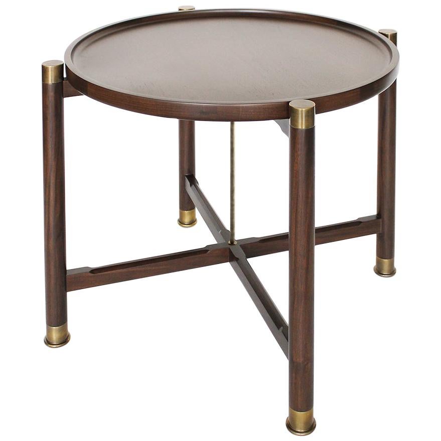 Otto Round Side Table in Medium Walnut with Antique Brass Fittings and Stem For Sale