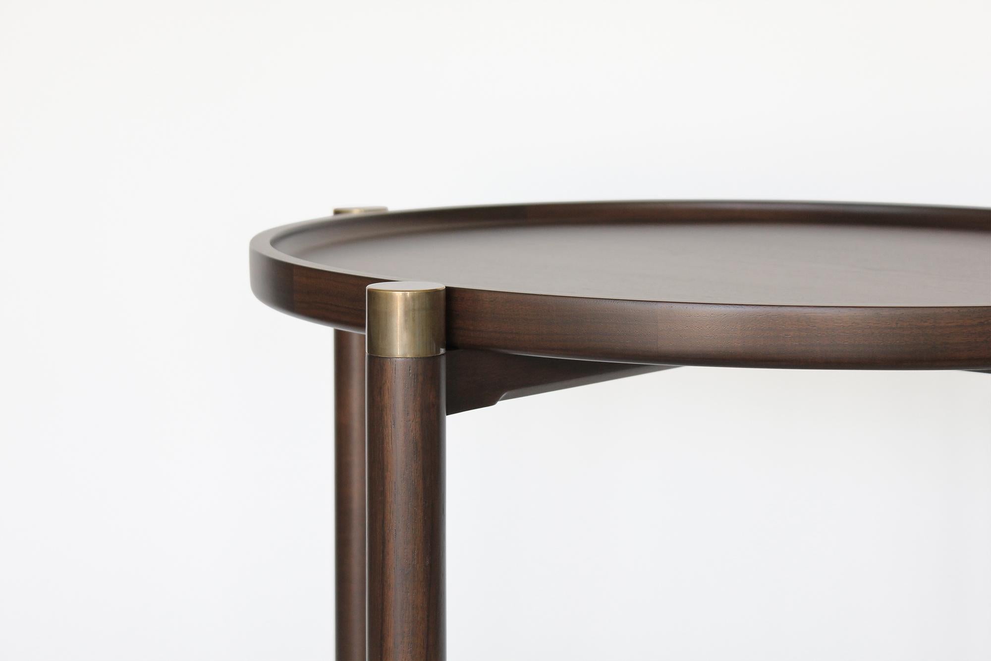 Otto Round Side Table in Medium Walnut with Antique Brass Fittings In New Condition For Sale In Los Angeles, CA