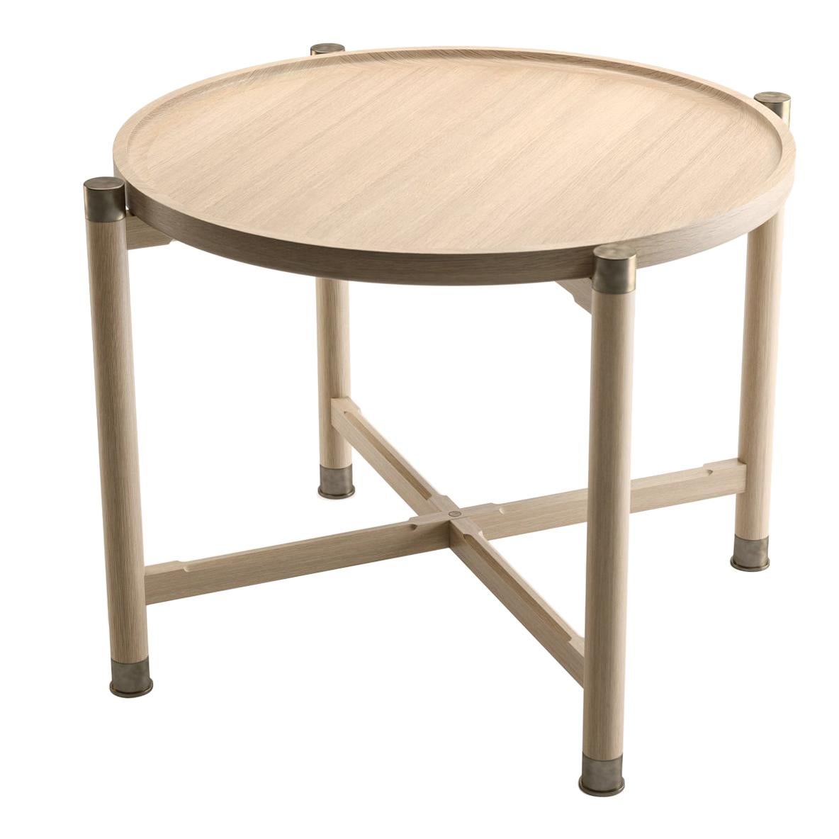 Table d'appoint ronde Otto en chêne blanchi avec raccords en laiton antique