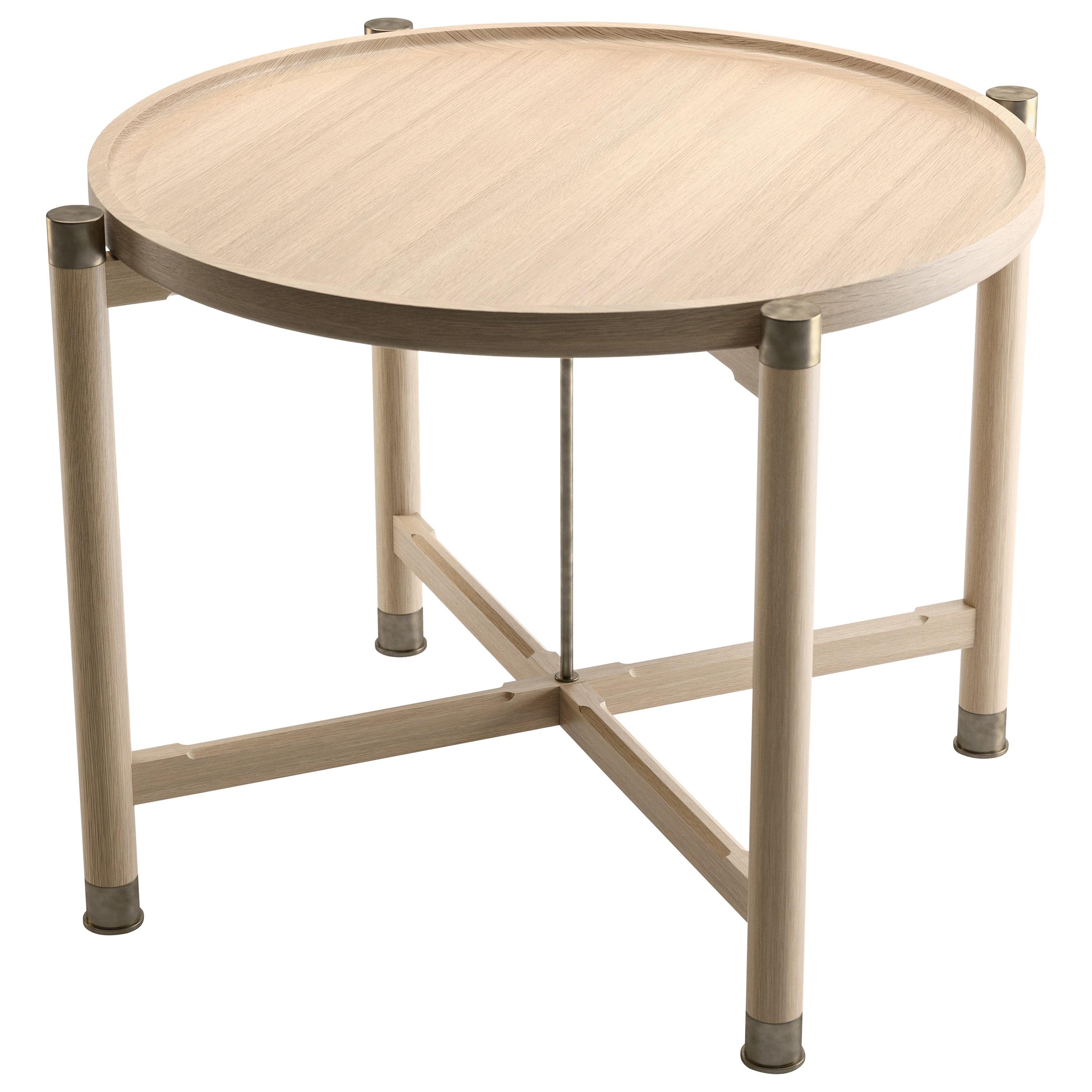 Otto Round Side Table in Bleached Oak with Antique Brass Fittings and Stem For Sale