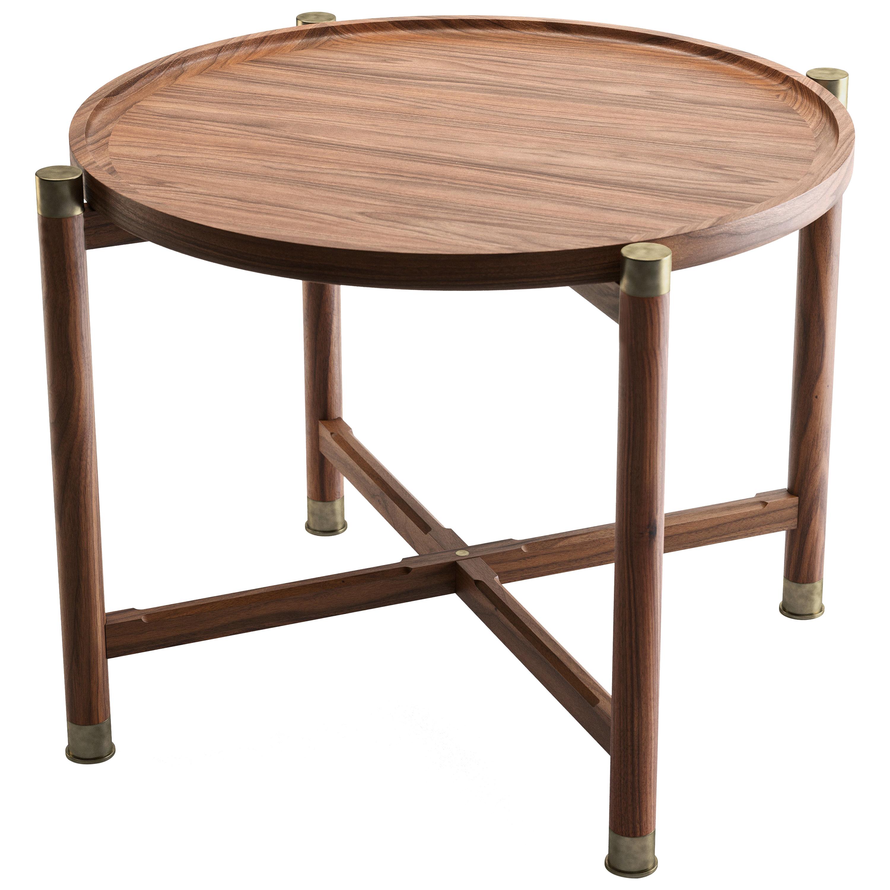 Otto Round Side Table in Light Walnut with Antique Brass Fittings For Sale