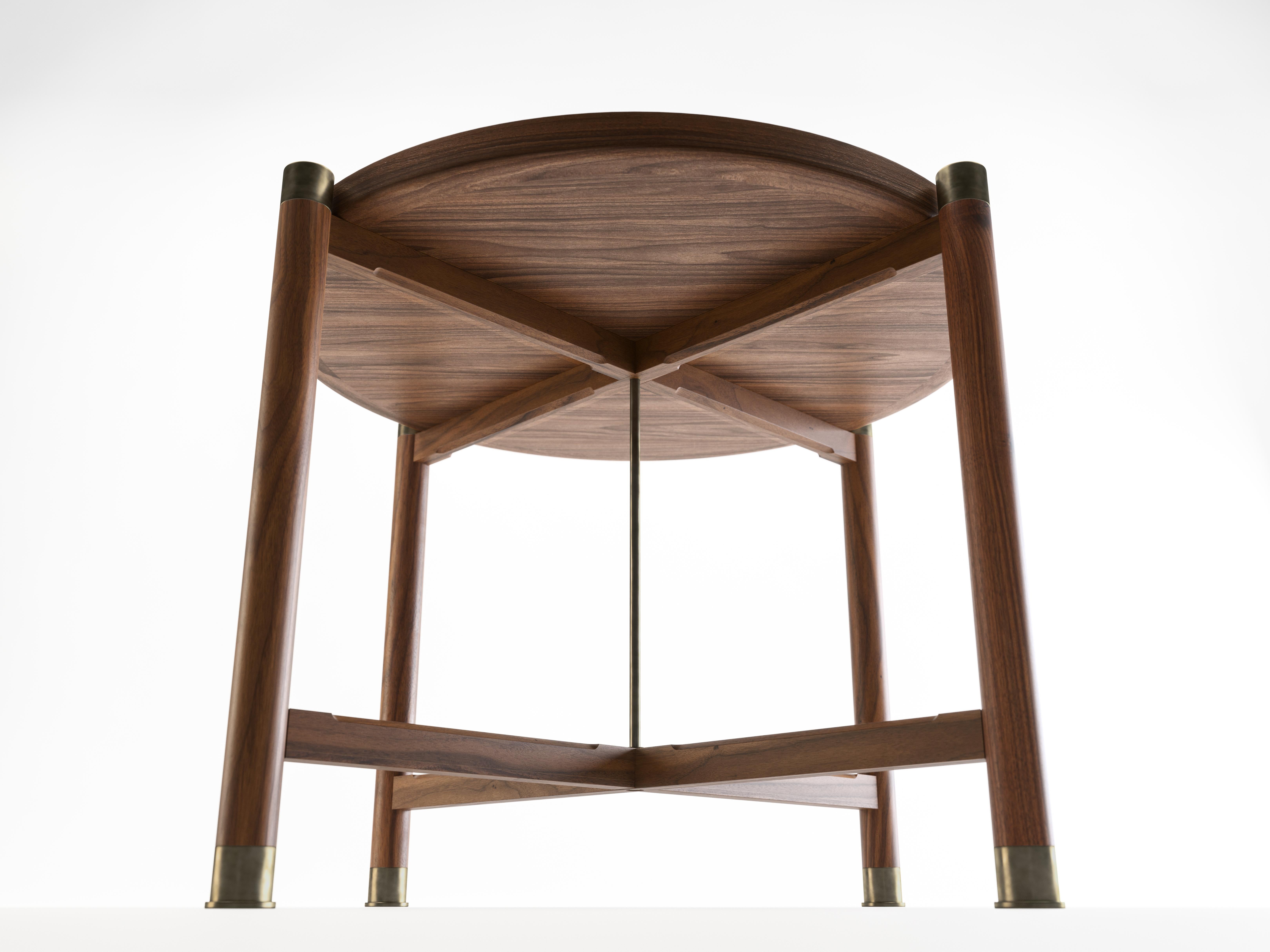 Otto Round Side Table in Light Walnut with Antique Brass Fittings and Stem In New Condition In Los Angeles, CA