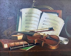 Still Life Violin & Sheet Music Oil on Canvas Signed Hessler, Framed