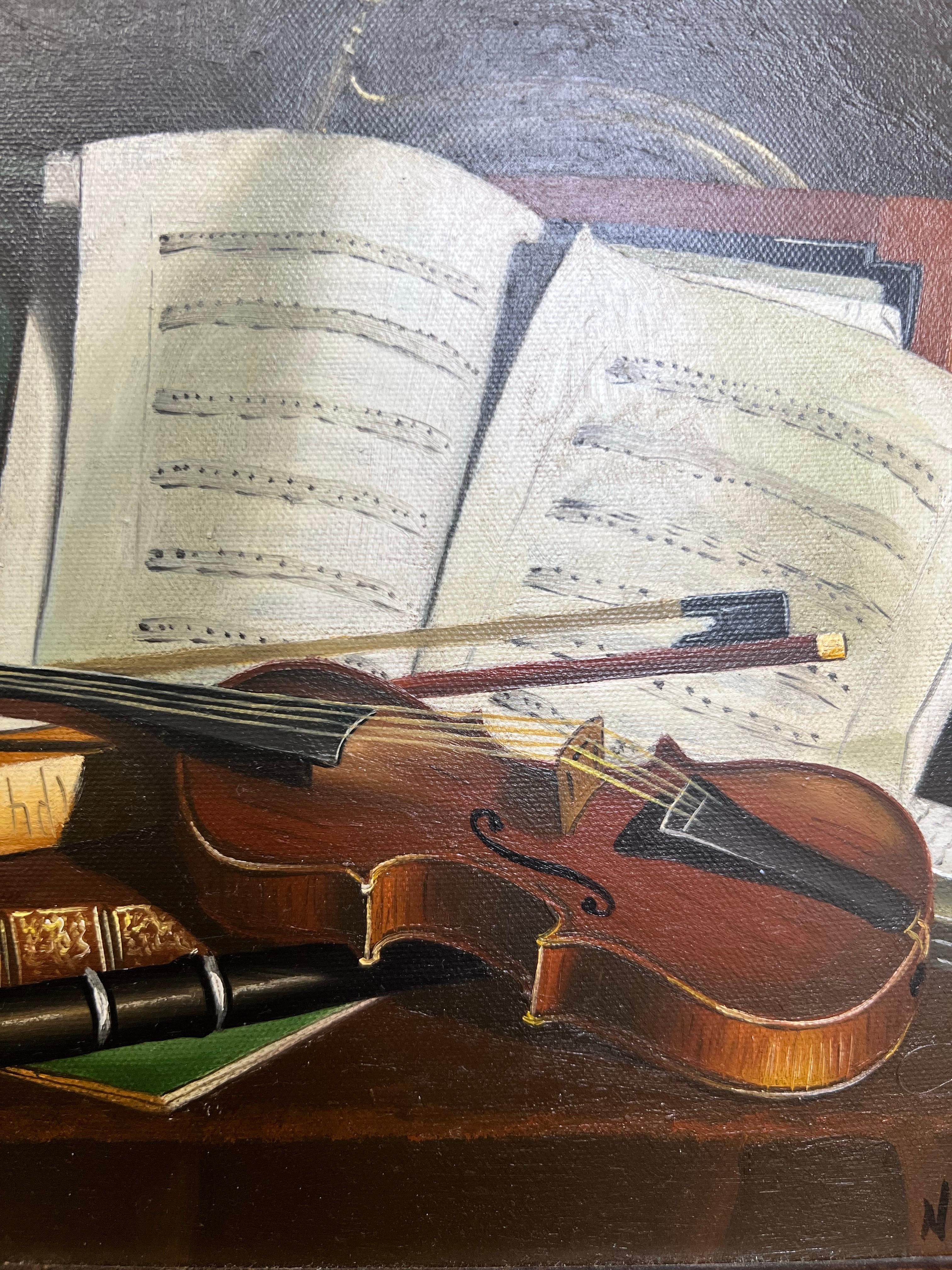 Still Life Violin & Sheet Music Oil on Canvas Signed Hessler, Framed - Realist Painting by Otto Rudolf Hessler