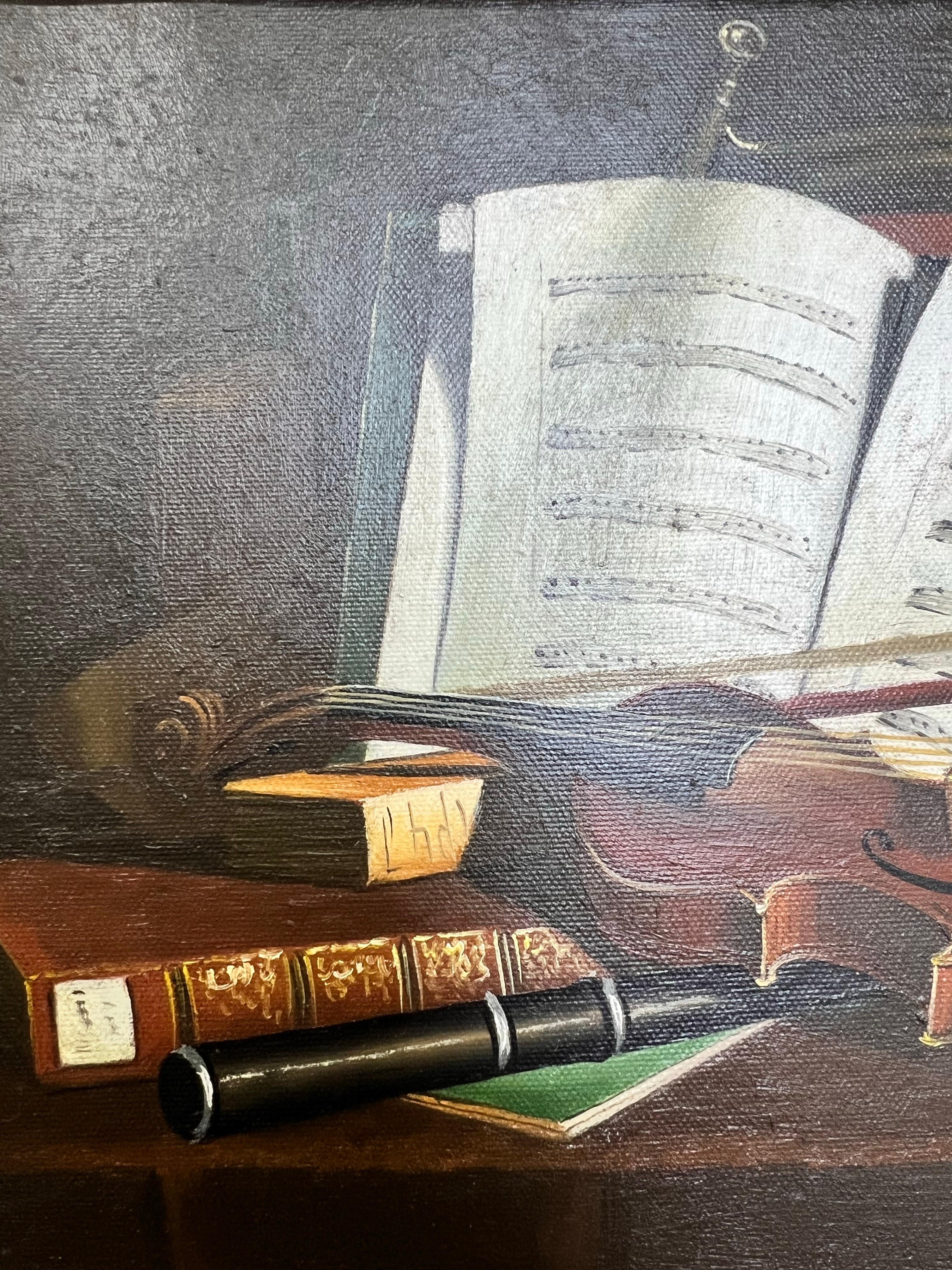 Still Life Violin & Sheet Music Oil on Canvas Signed Hessler, Framed - Brown Still-Life Painting by Otto Rudolf Hessler