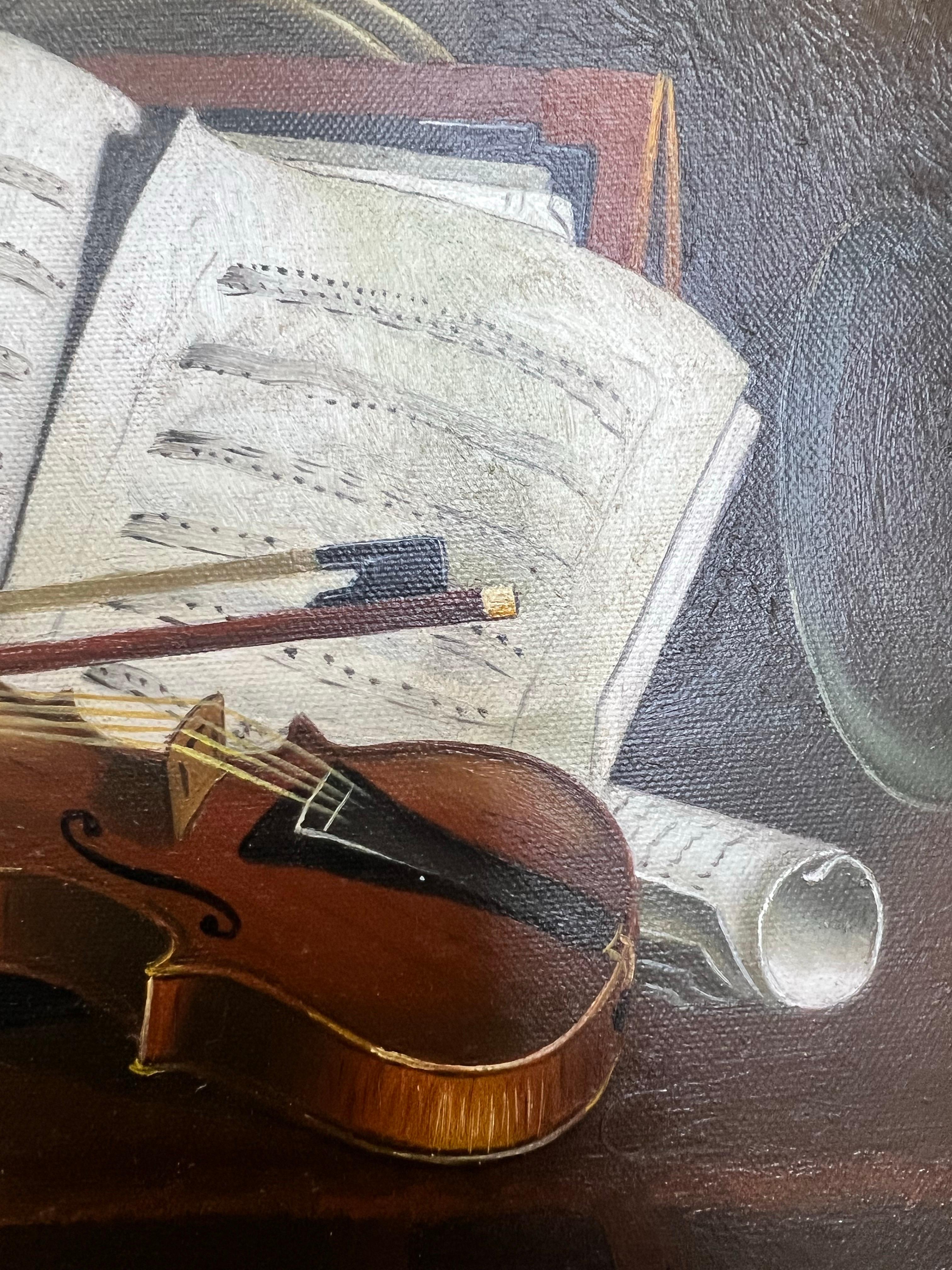 Still Life Violin & Sheet Music Oil on Canvas Signed Hessler, Framed : 

A finely rendered trompe-l’Œil still life attributed to Otto Rudolf Hessler ( German 1856- 1942) depicting a violin resting across an open book of sheet music, accompanied by a