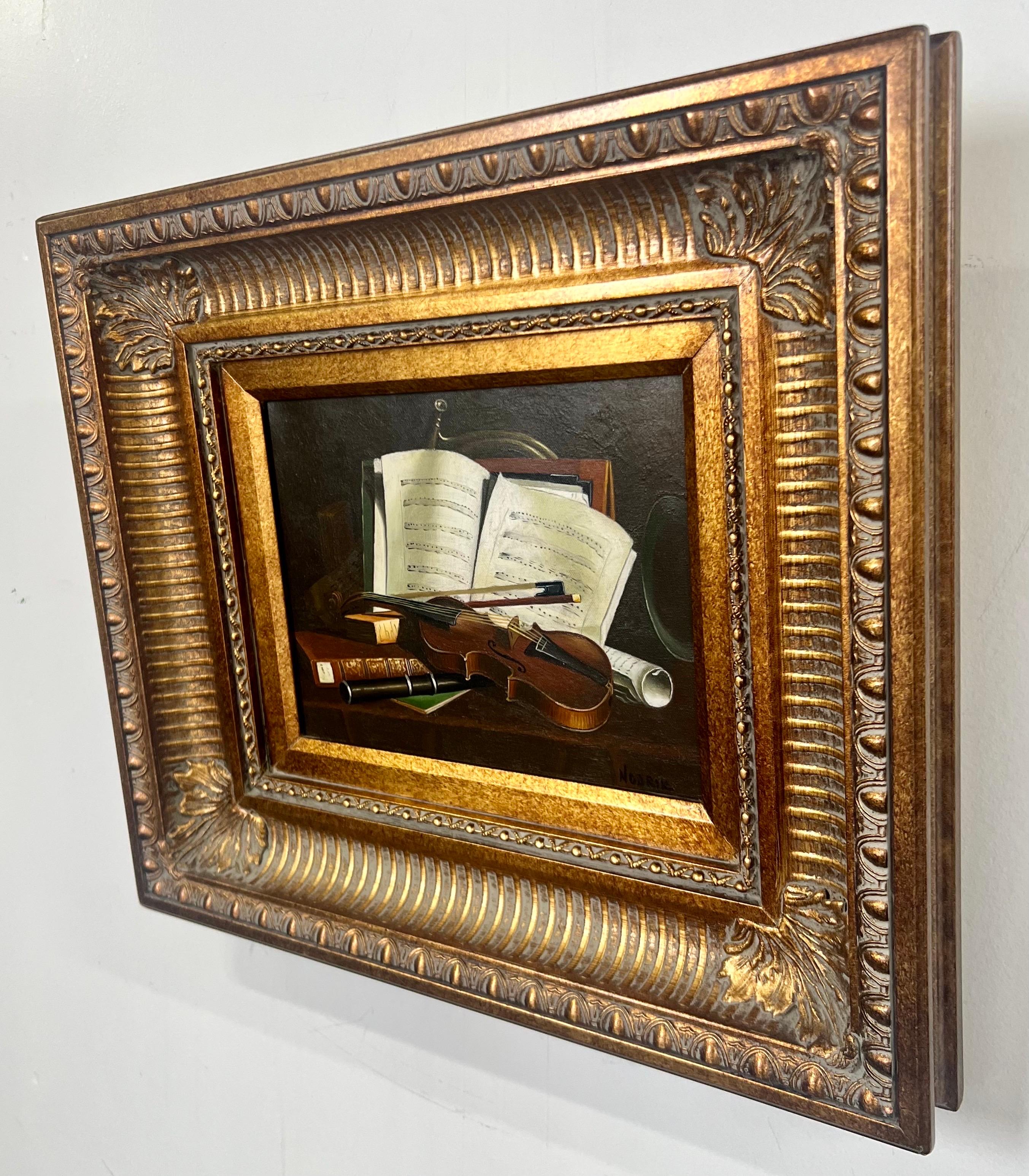 Still Life Violin & Sheet Music Oil on Canvas Signed Hessler, Framed For Sale 1