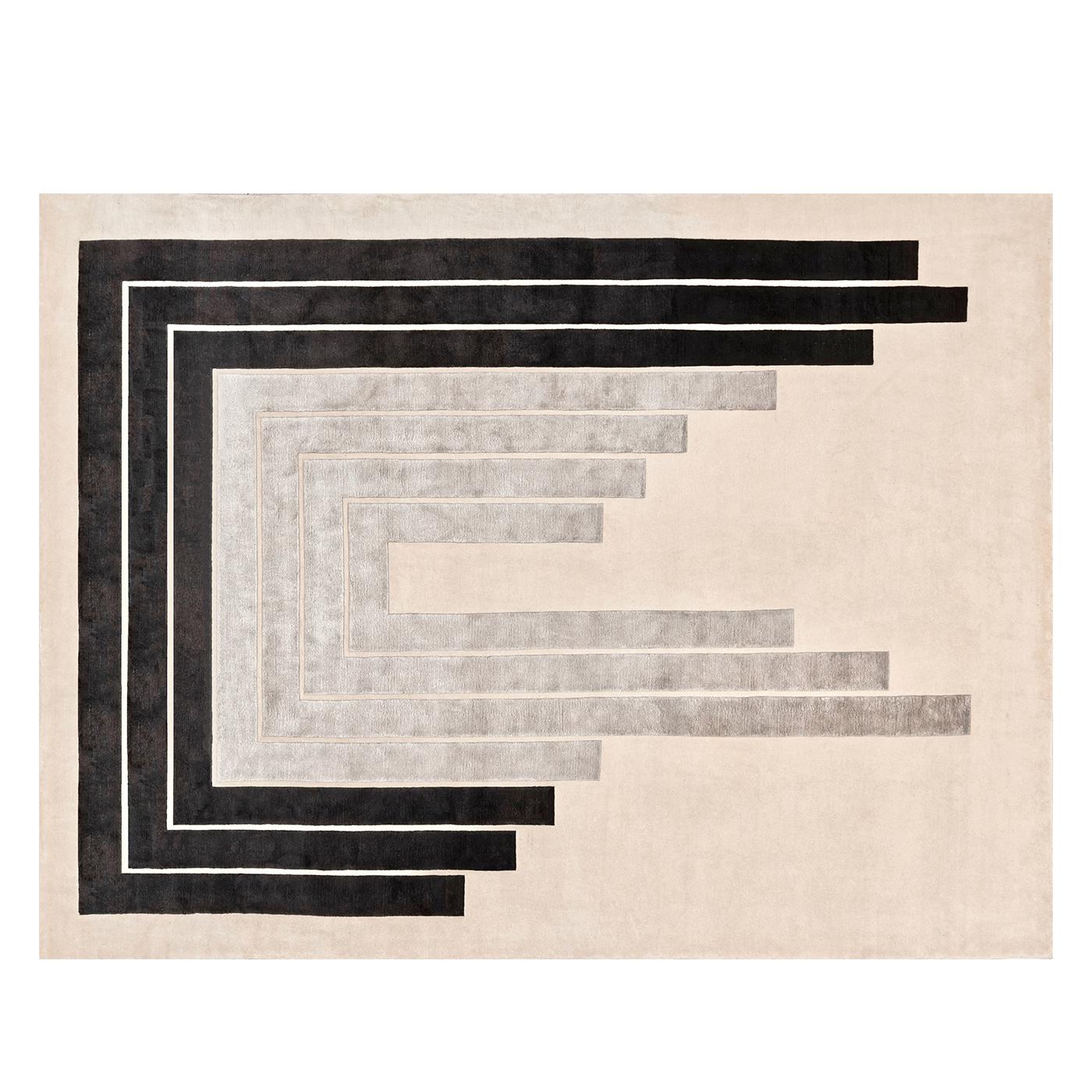This elegant rug is an exquisite piece of floor decor hand-knotted in Nepal by master craftsmen blending an equal percentage of shimmering silk and soft Himalayan wool. Onto the beige base (H .05cm) is set a captivating design (H .07cm) of