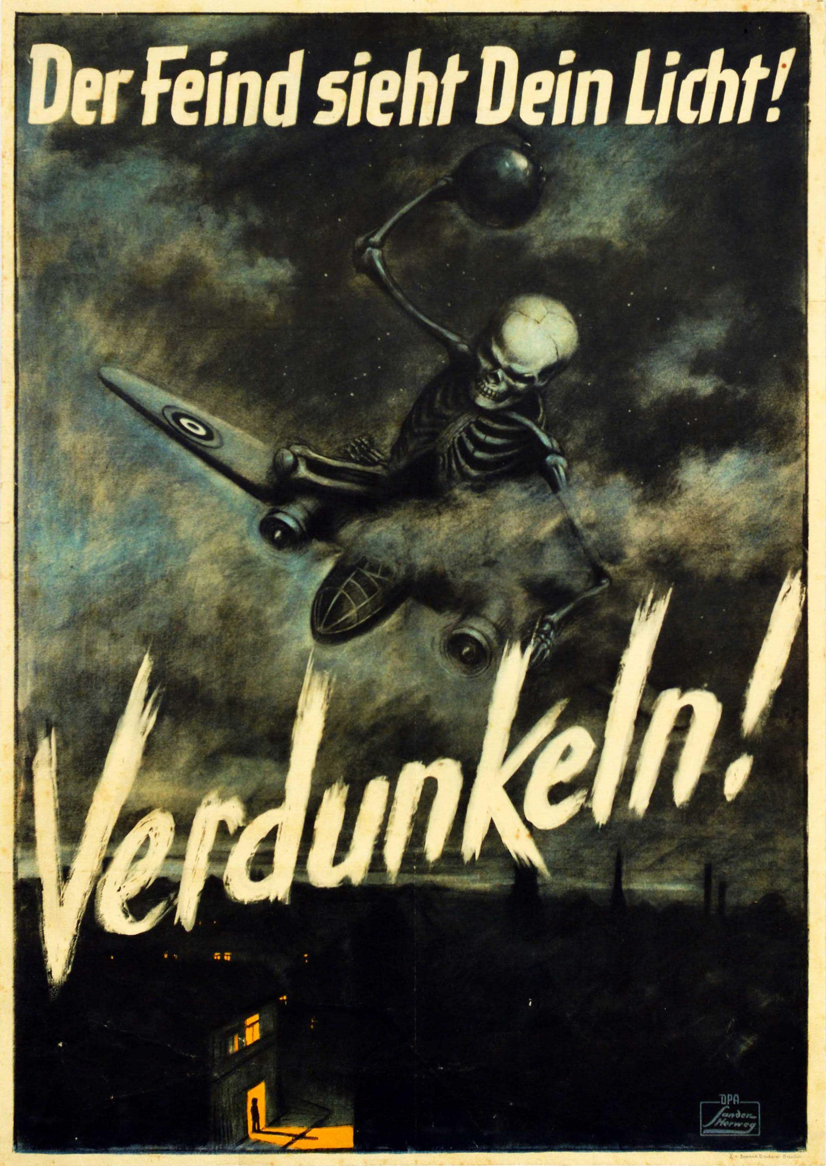 Otto-Sander Herweg Print - Original Vintage War Poster Verdunkeln The Enemy Sees Your Light Black Out WWII