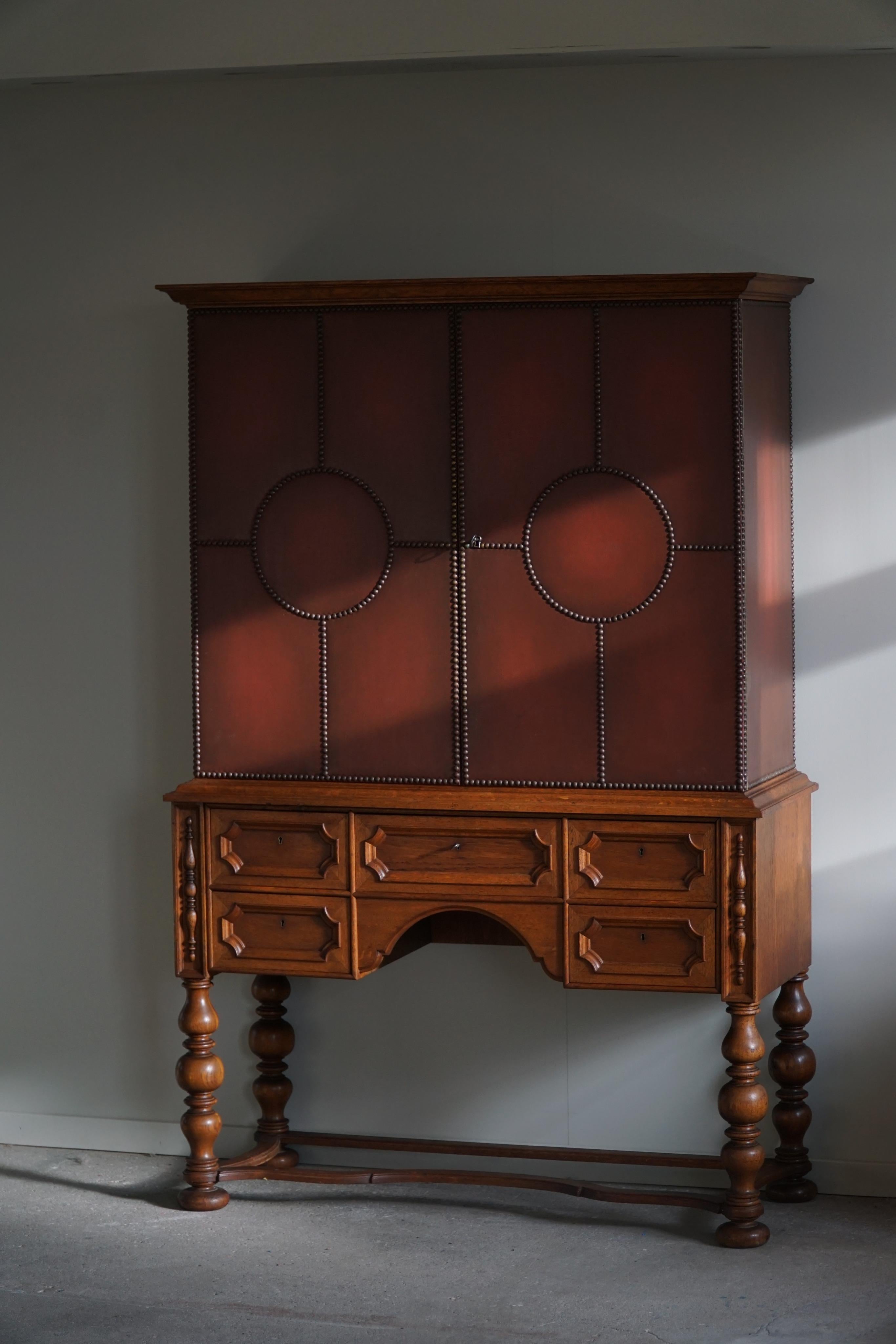 Baroque Otto Schulz, Swedish Modern Cabinet in Leather, Oak & Brass Nails, 1930s For Sale