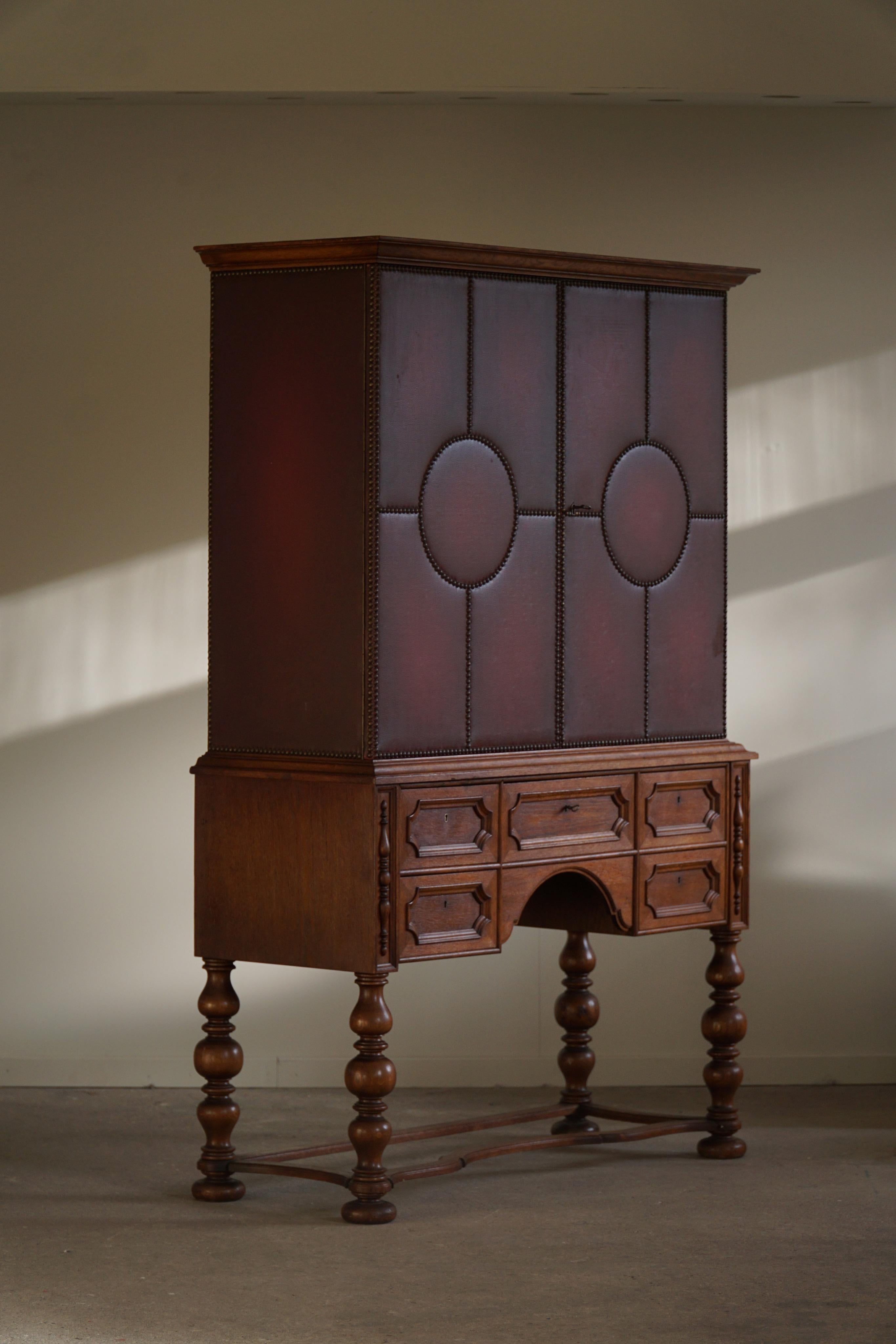 20th Century Otto Schulz, Swedish Modern Cabinet in Leather, Oak & Brass Nails, 1930s For Sale