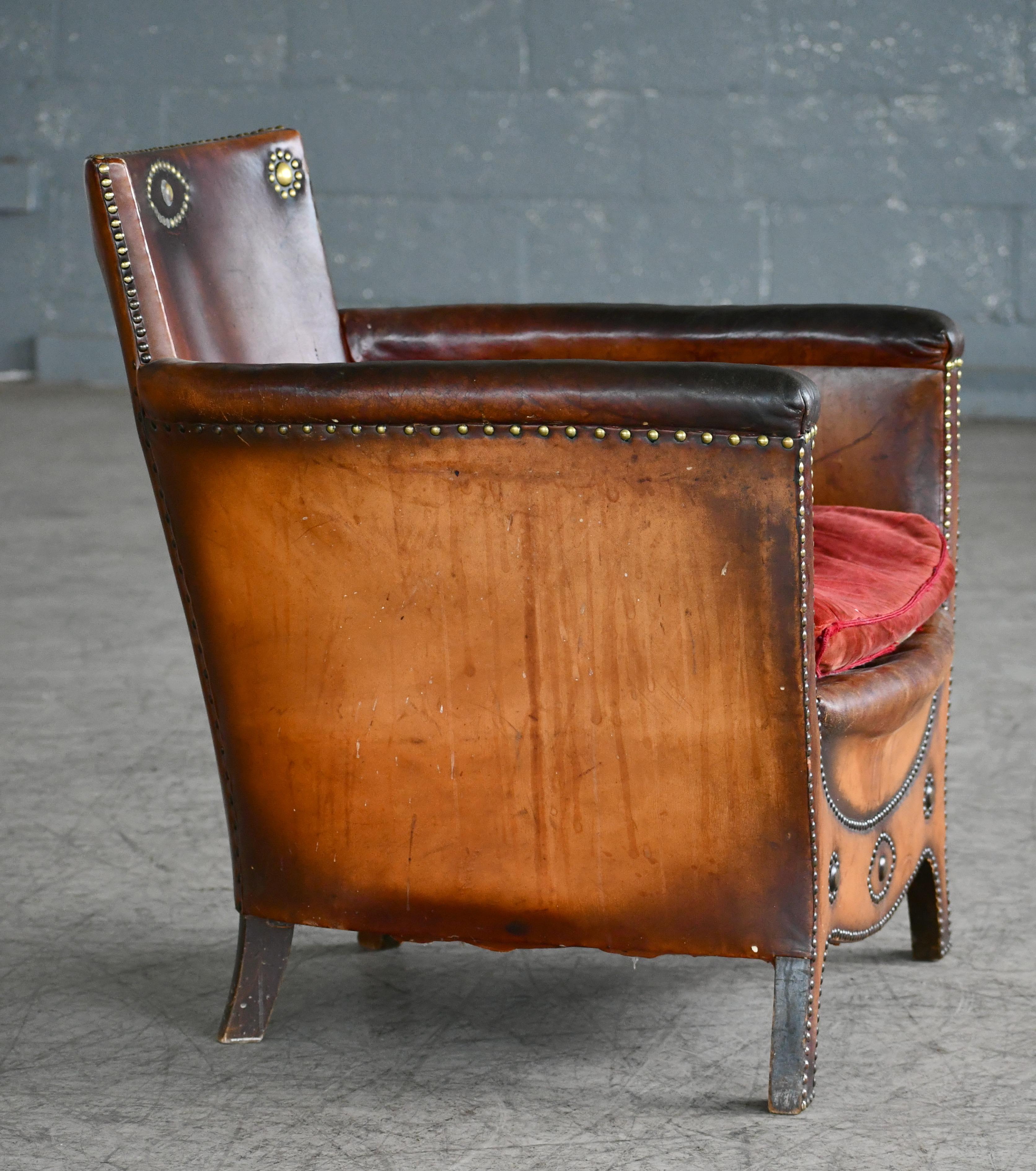 Swedish Otto Schulz 1940s Lounge Chair in Worn Leather for Boet, Scandinavian Midcentury