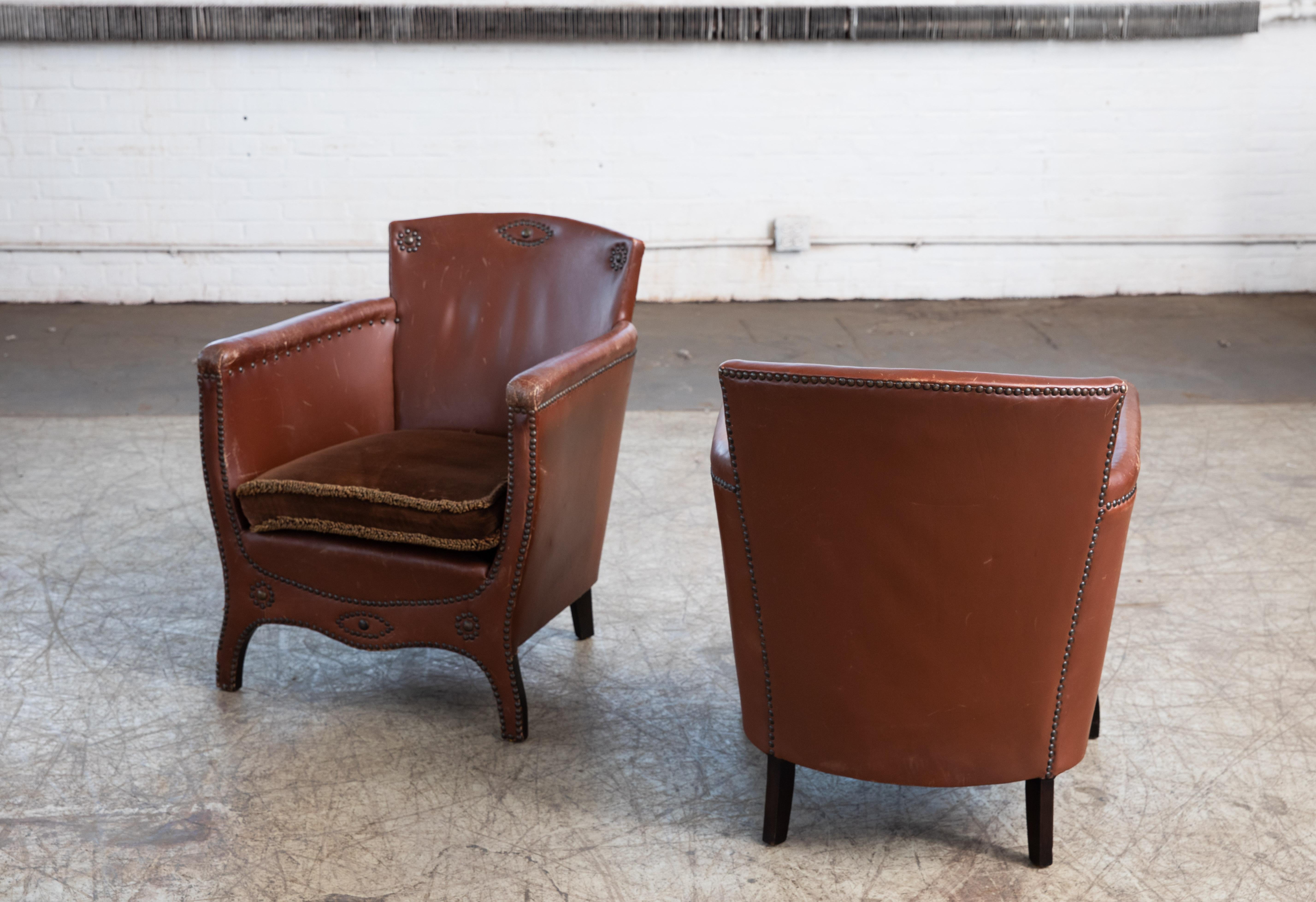 Otto Schulz 1940s Pair of Mid-Century Baroque Lounge Chairs in Leather 3
