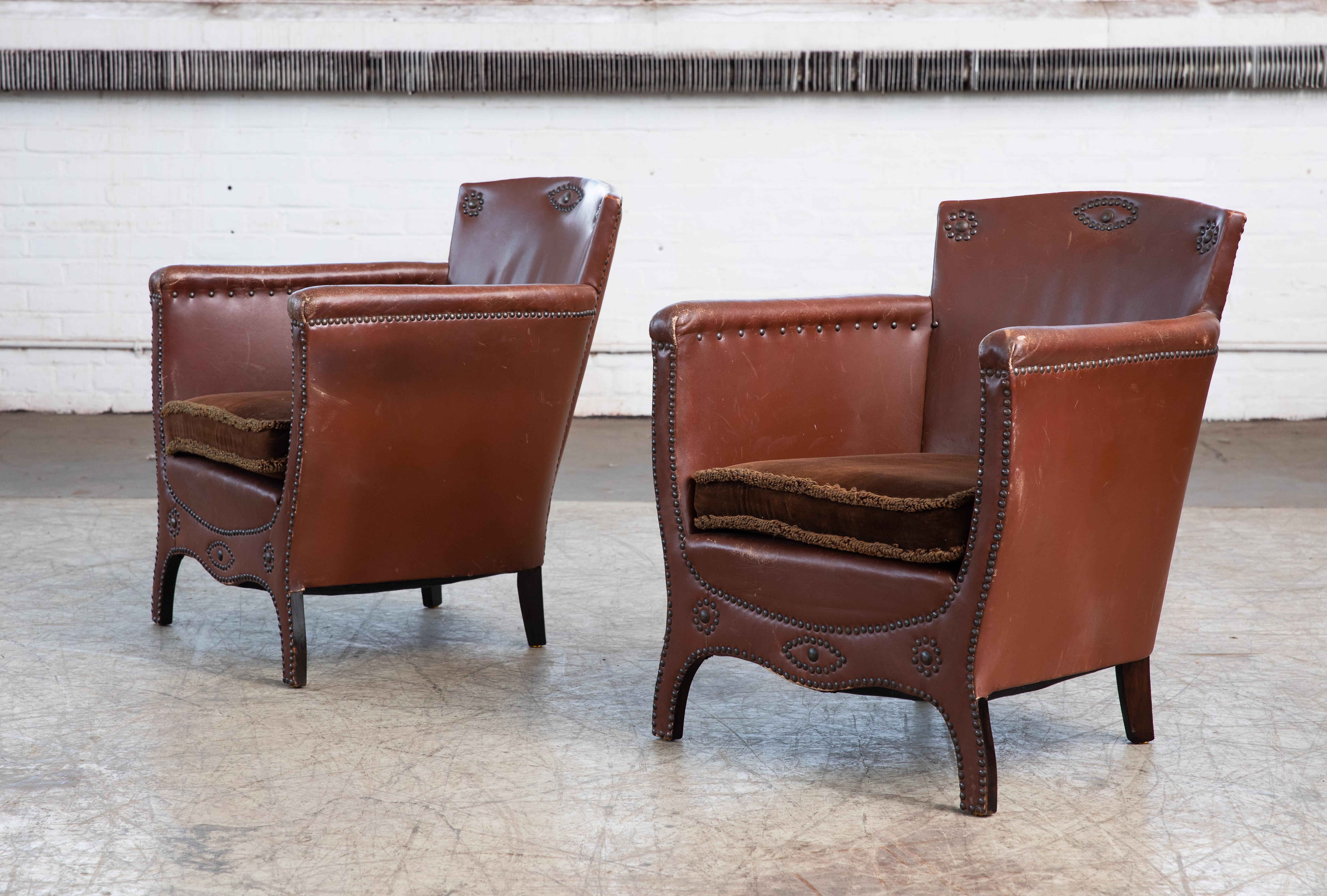 Swedish Otto Schulz 1940s Pair of Mid-Century Baroque Lounge Chairs in Leather