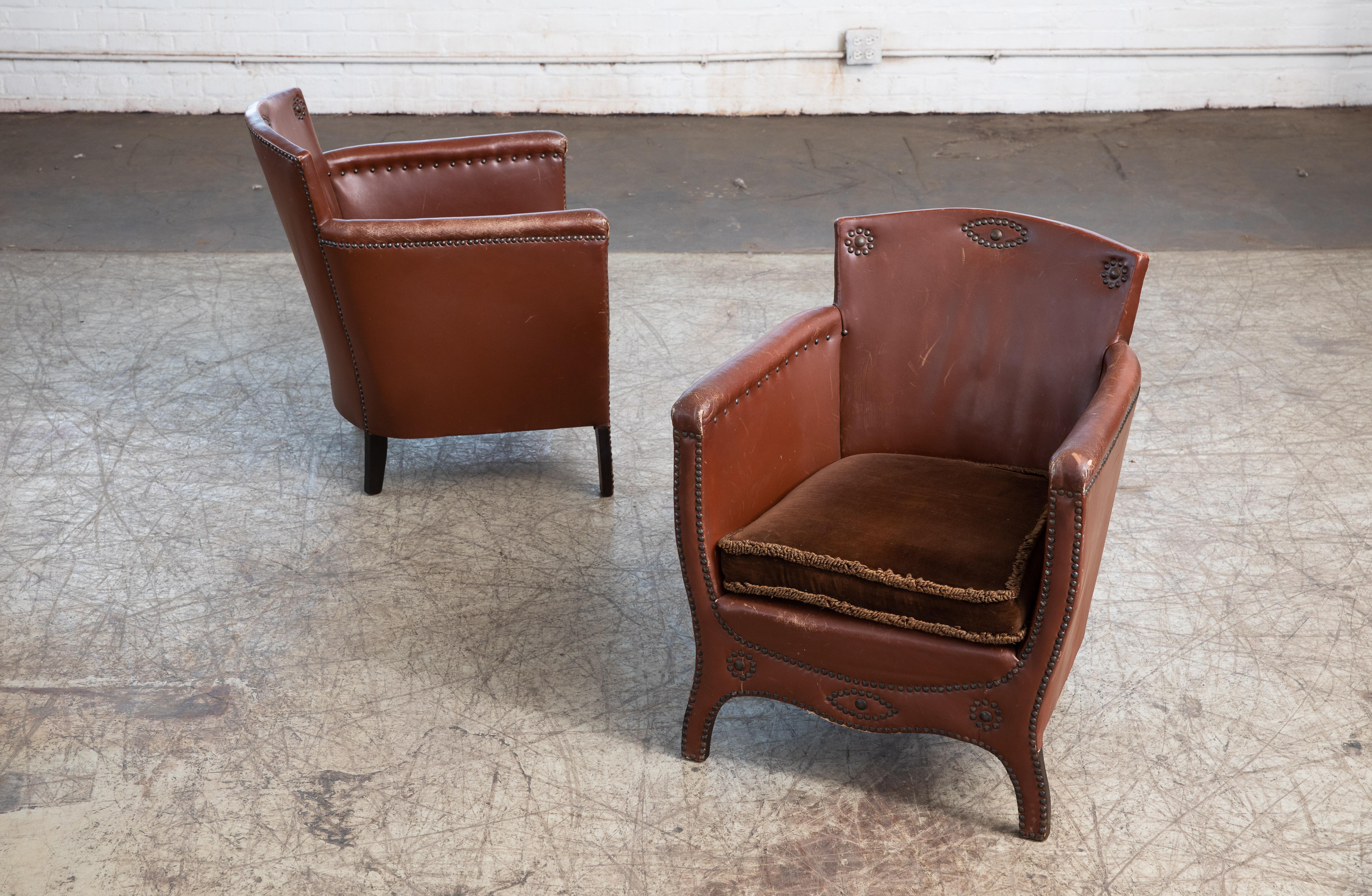 Otto Schulz 1940s Pair of Mid-Century Baroque Lounge Chairs in Leather 1