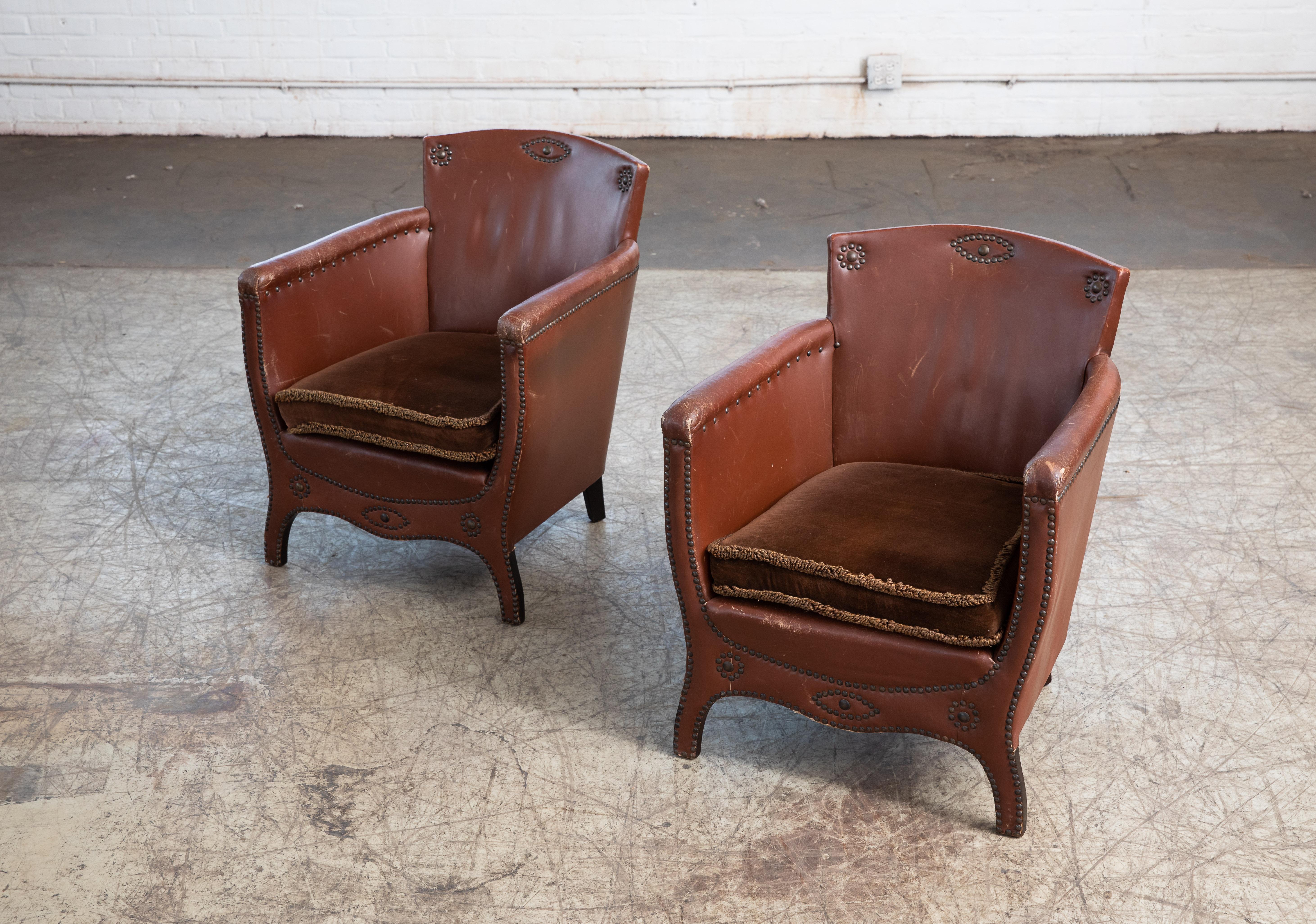 Otto Schulz 1940s Pair of Mid-Century Baroque Lounge Chairs in Leather 2