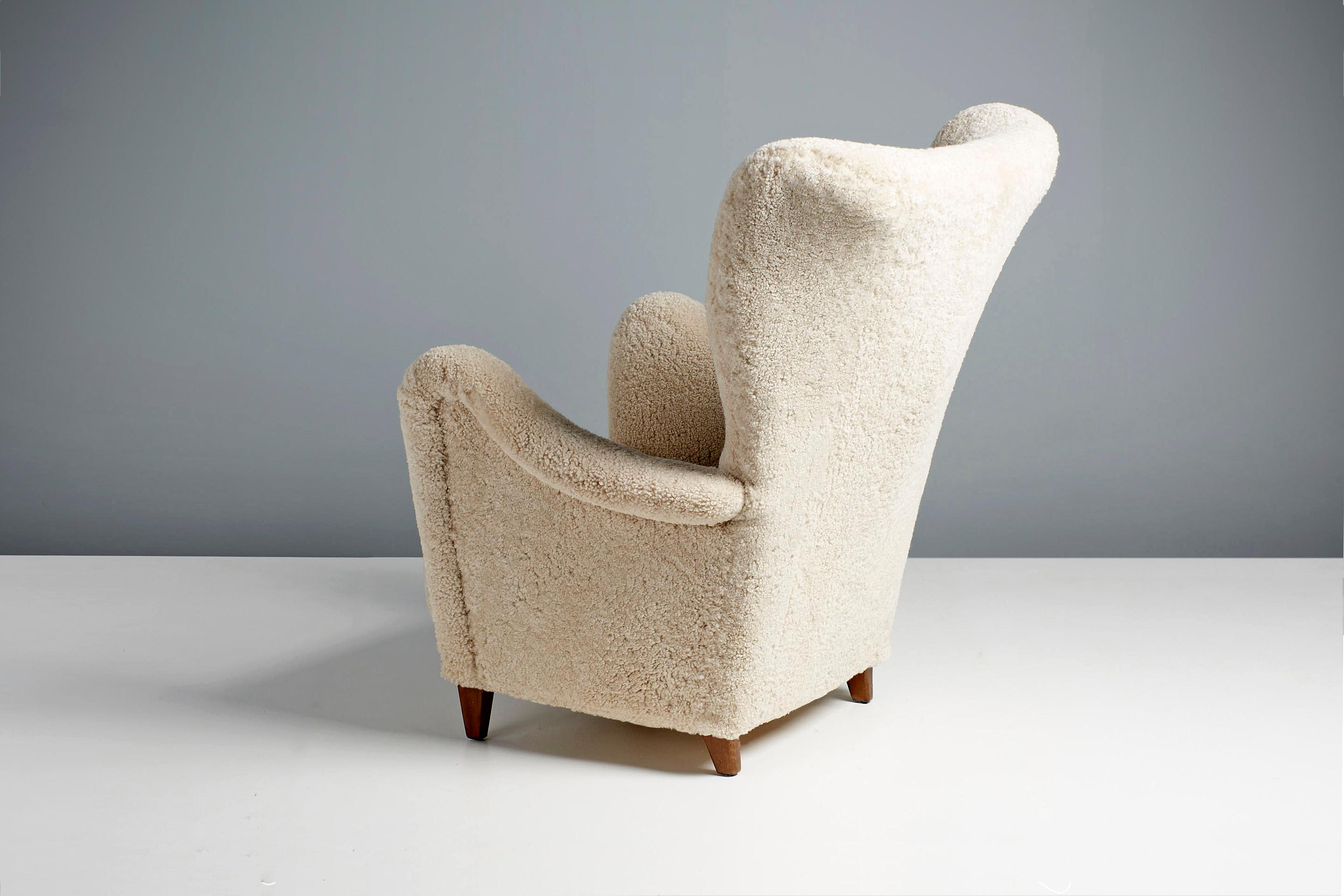 Otto Schulz 1940s Sheepskin Swedish Wing Chair For Sale 3