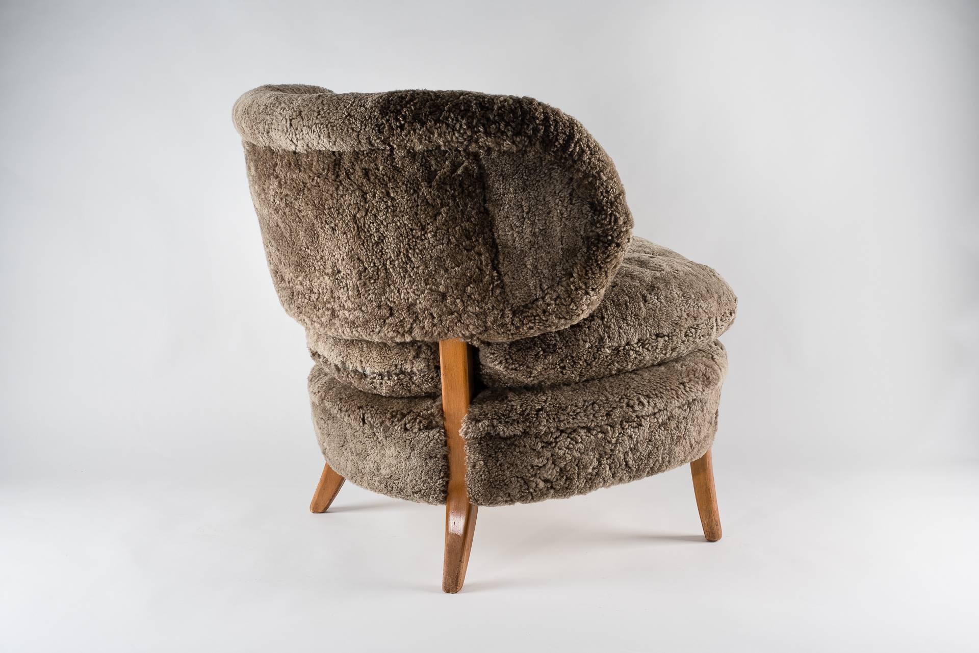 Mid-Century Modern Otto Schulz Armchair, Curly Lambskin Upholstery for Boet