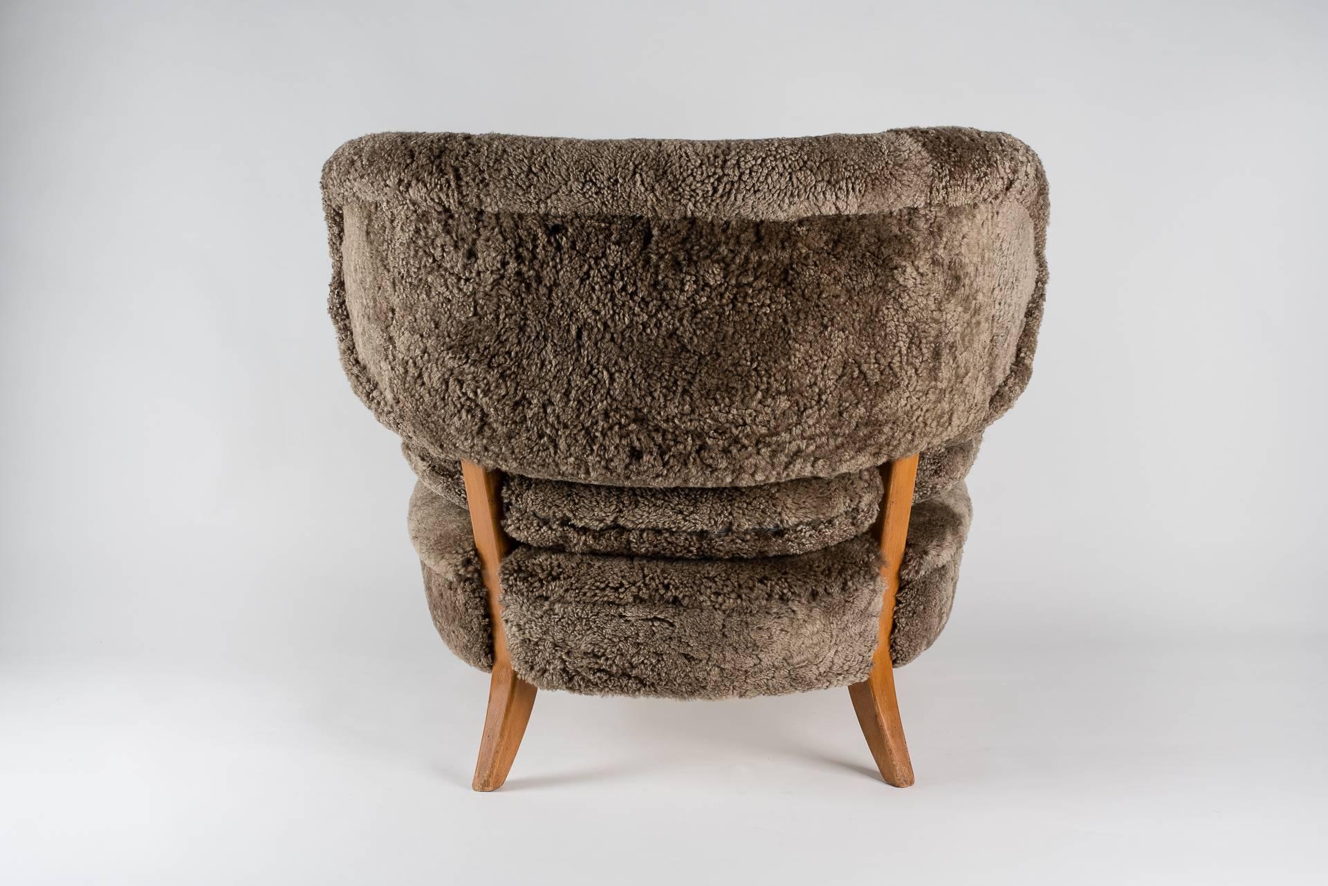 French Otto Schulz Armchair, Curly Lambskin Upholstery for Boet