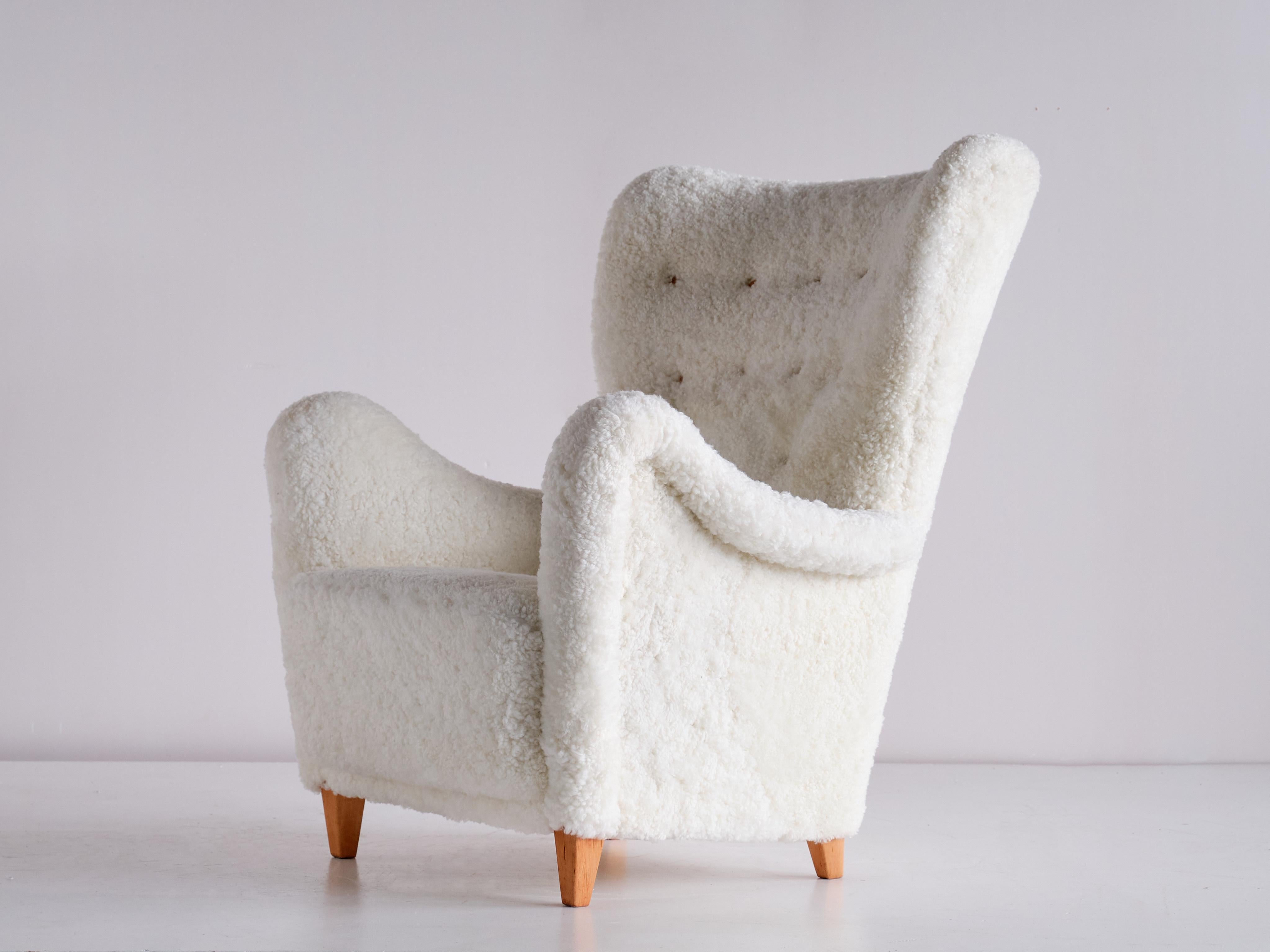 Sillón Otto Schulz de piel de oveja blanca y haya, Boet, Suecia, años 40 en venta 4