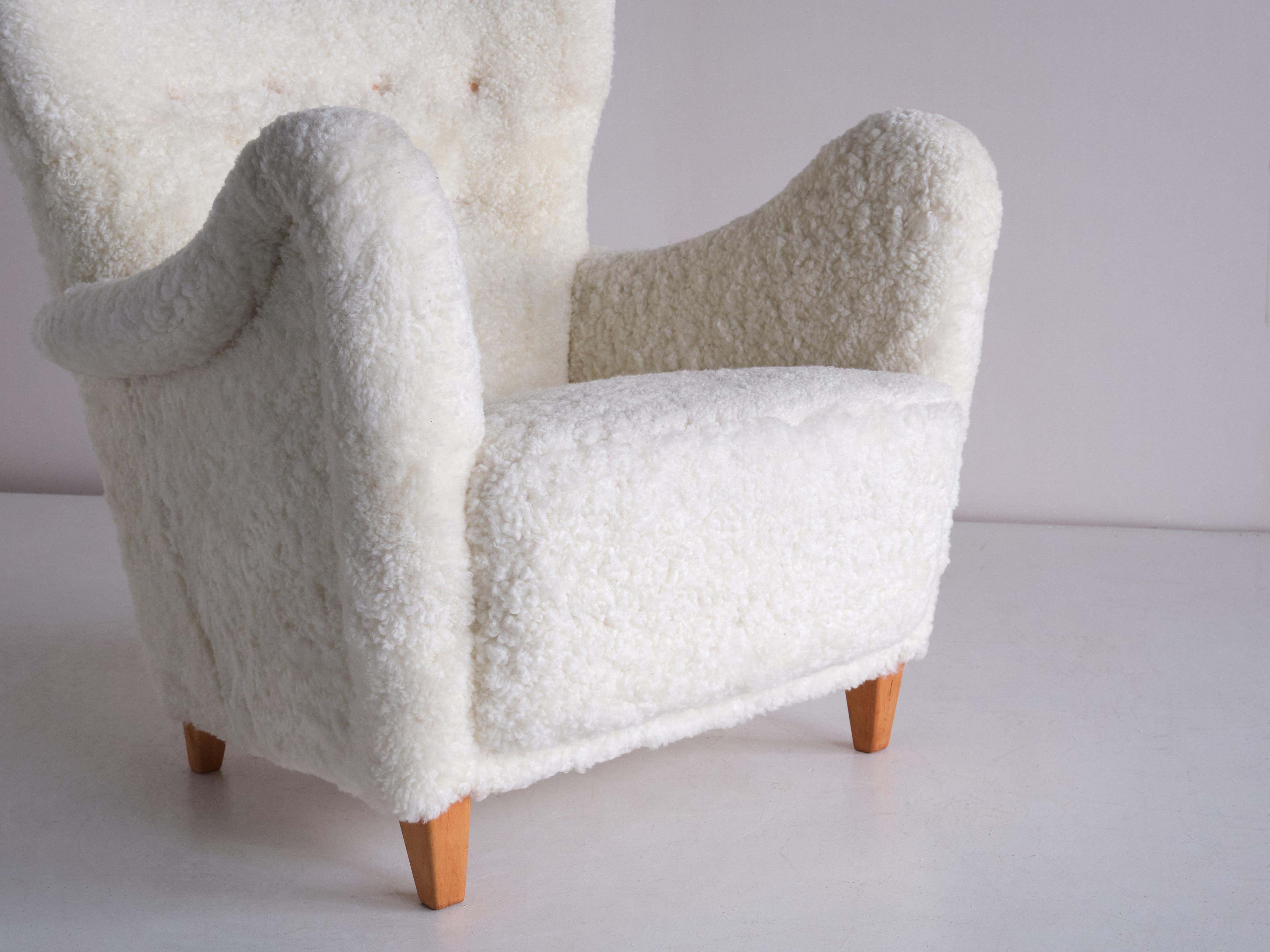 Swedish Otto Schulz Armchair in White Sheepskin and Beech, Boet, Sweden, 1940s For Sale