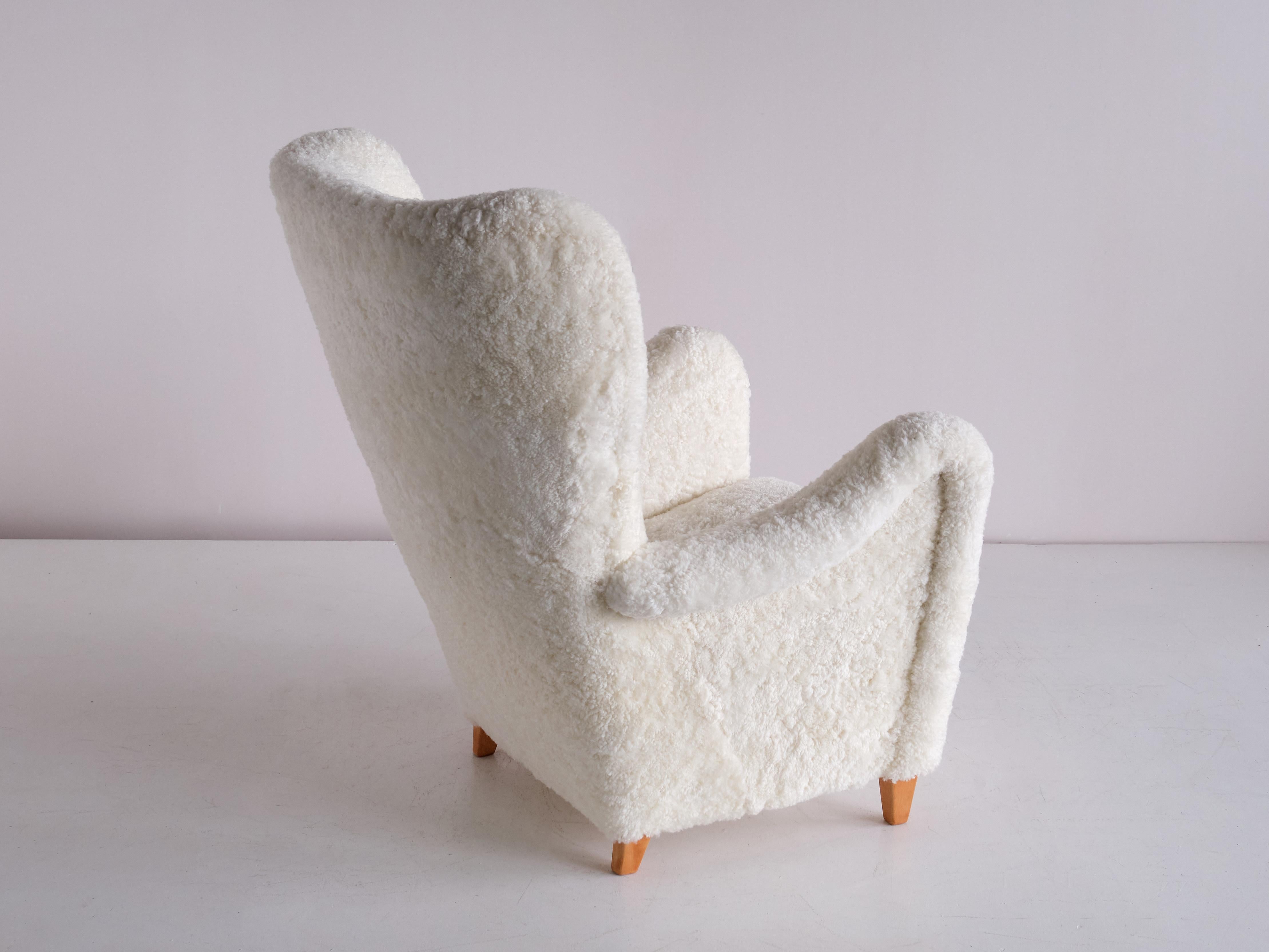 Leather Otto Schulz Armchair in White Sheepskin and Beech, Boet, Sweden, 1940s For Sale