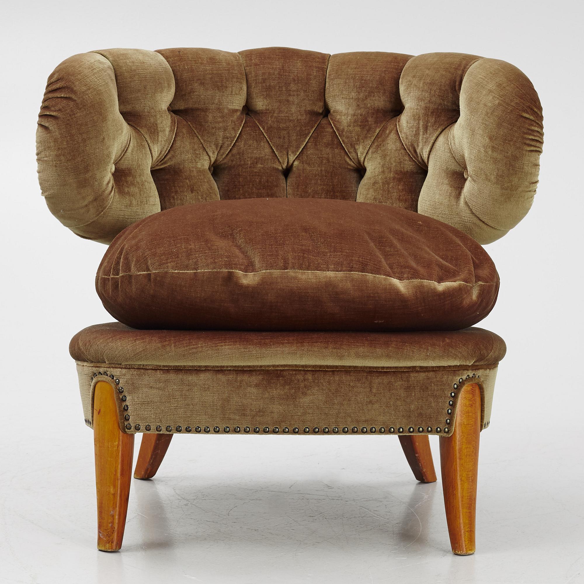 Otto Schulz Armchair Olive green velvet for Boët Sweden 1940 For Sale 4