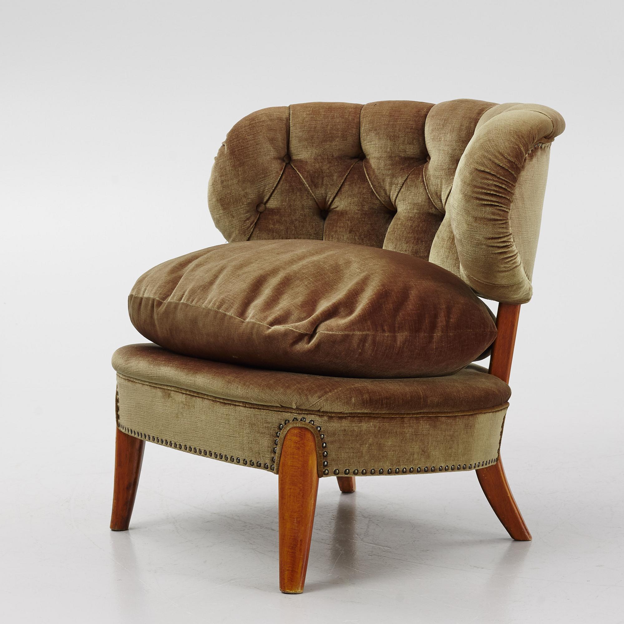 Otto Schulz Armchair Olive green velvet for Boët Sweden 1940 For Sale 5