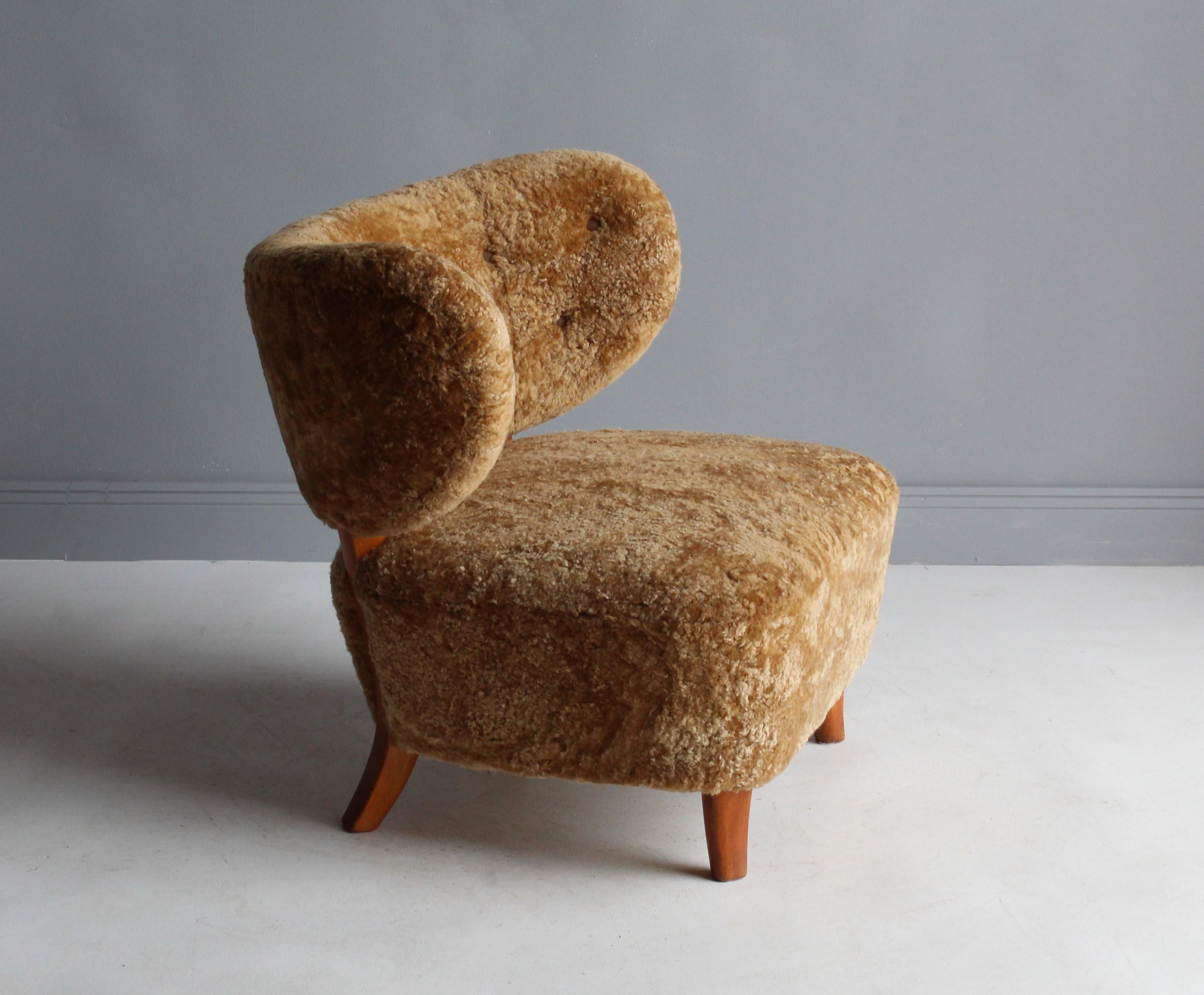 Scandinavian Modern Otto Schulz 'Attributed, ' Modernist Lounge Chair, Sheepskin, Beech, 1940s