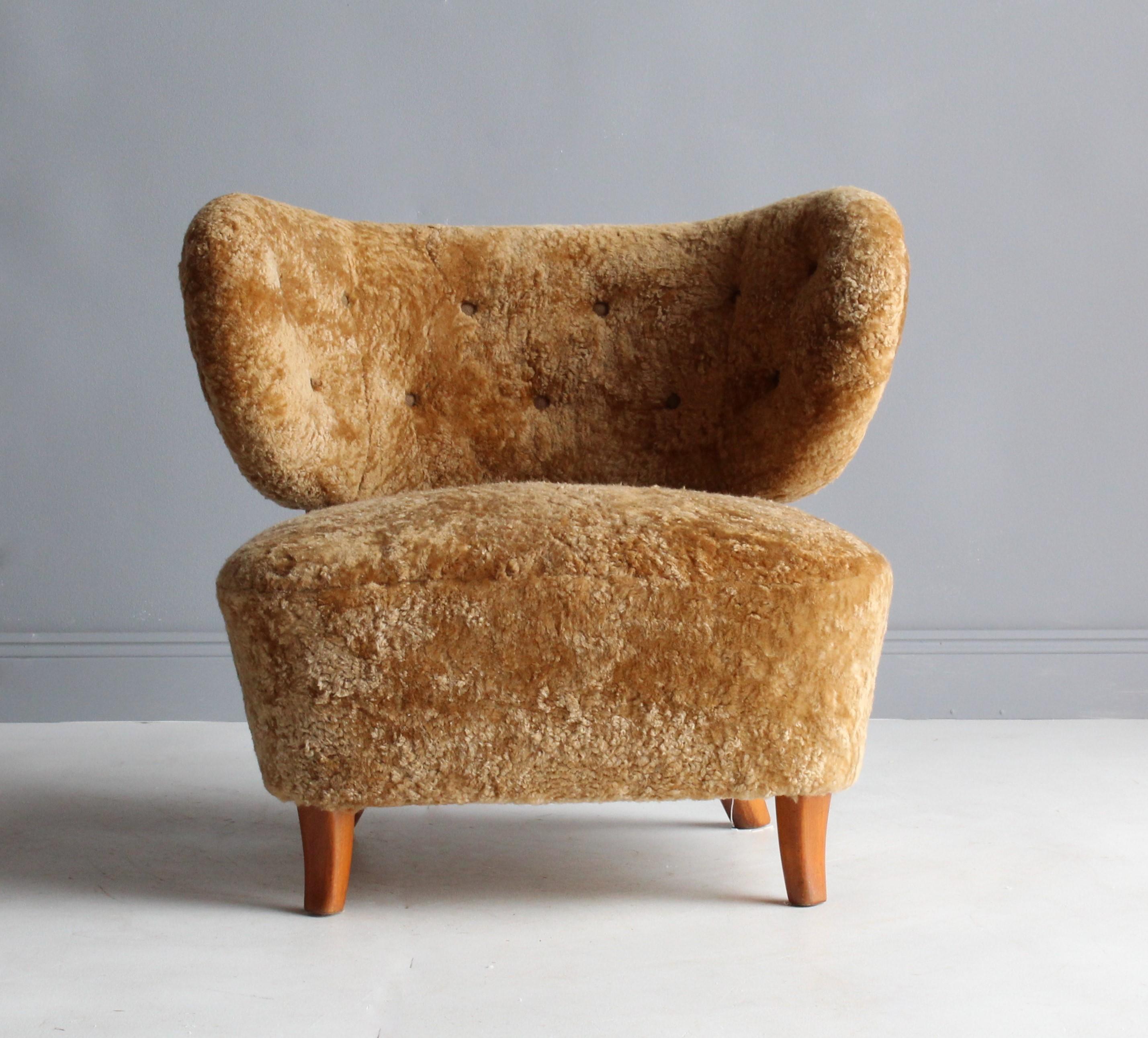 Swedish Otto Schulz 'Attributed, ' Modernist Lounge Chair, Sheepskin, Beech, 1940s