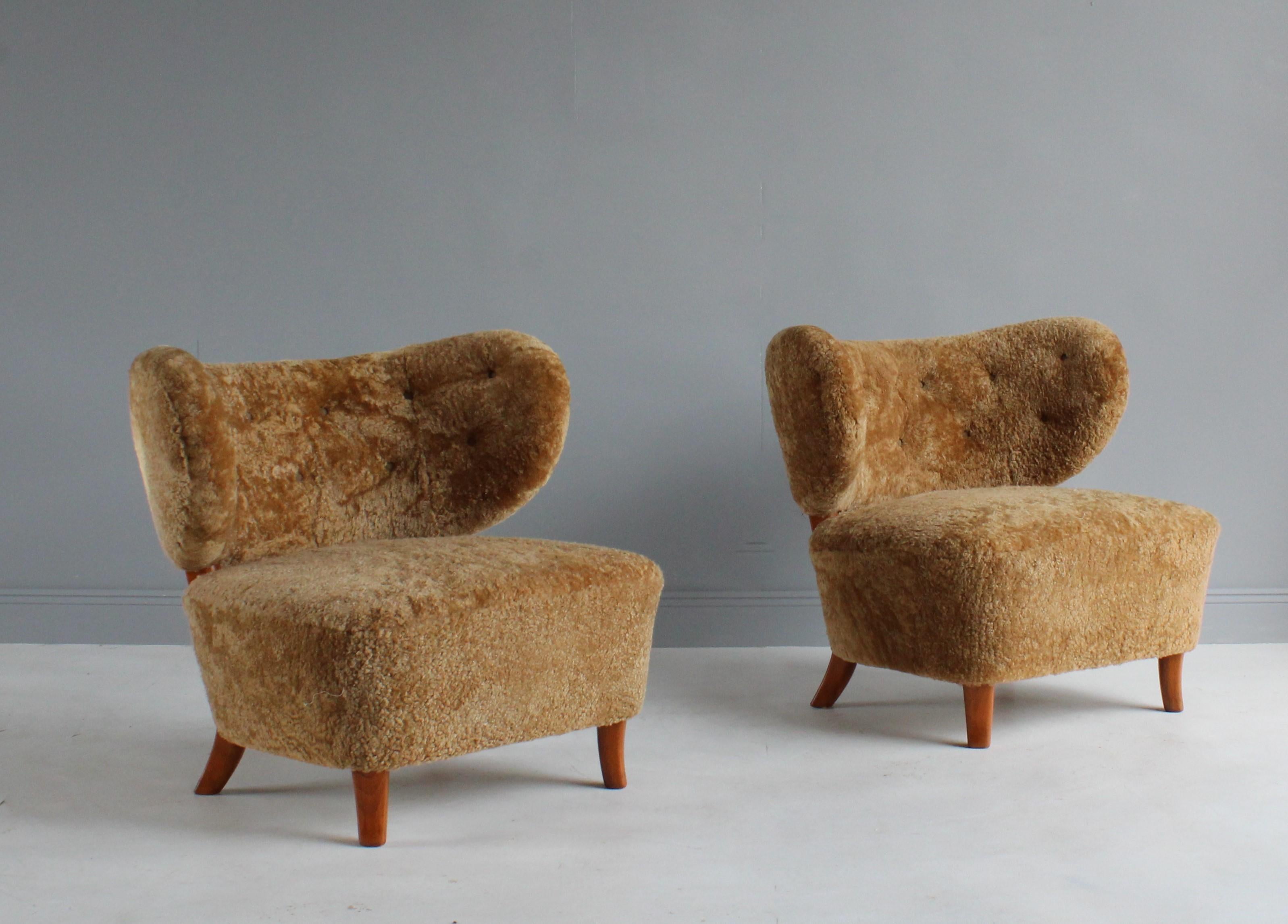 Swedish Otto Schulz 'Attributed, ' Modernist Lounge Chairs, Sheepskin, Beech, 1940s