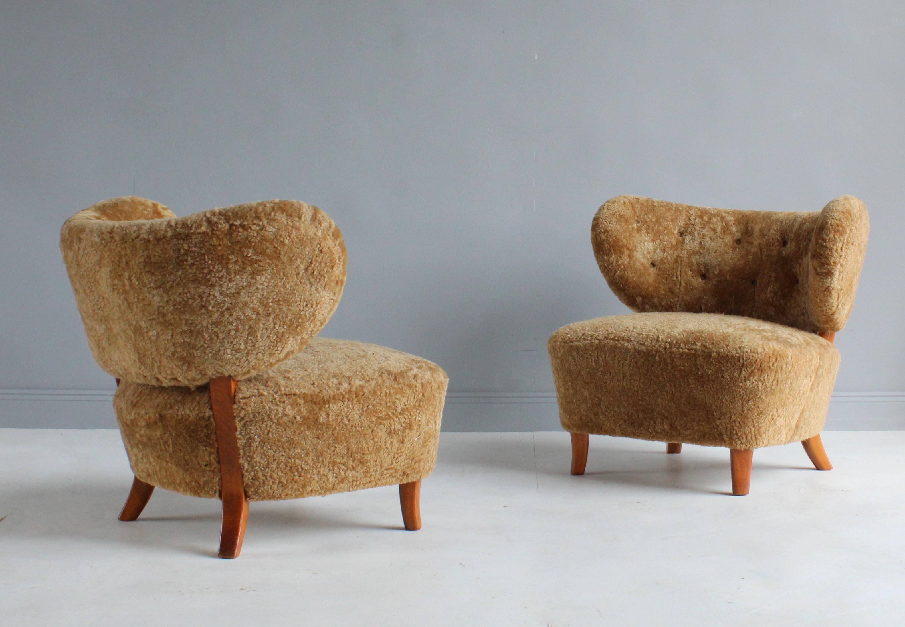 Mid-20th Century Otto Schulz 'Attributed, ' Modernist Lounge Chairs, Sheepskin, Beech, 1940s