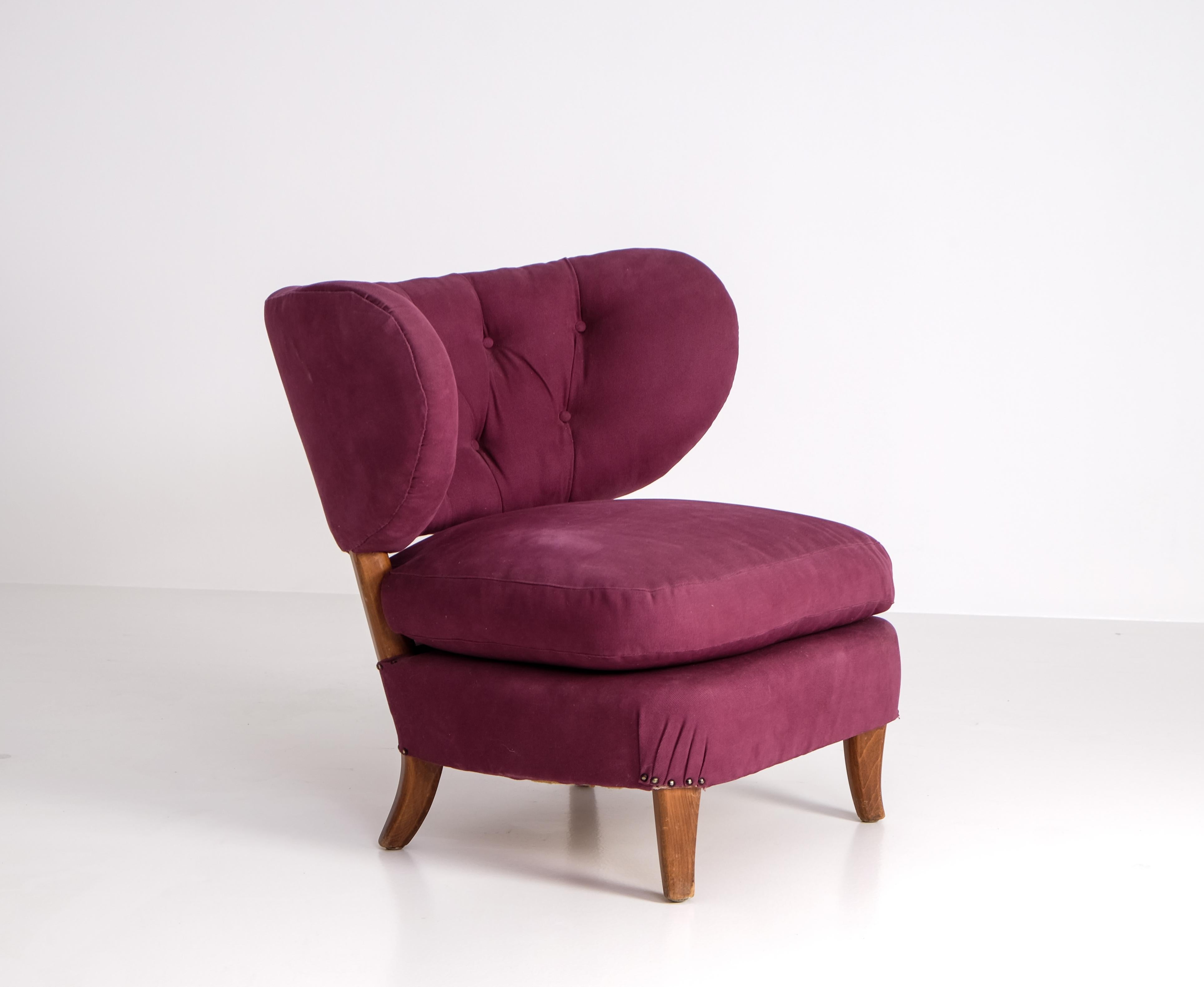 Velvet easy chair designed by Otto Schulz, produced by Boet, Sweden, 1940s.
 