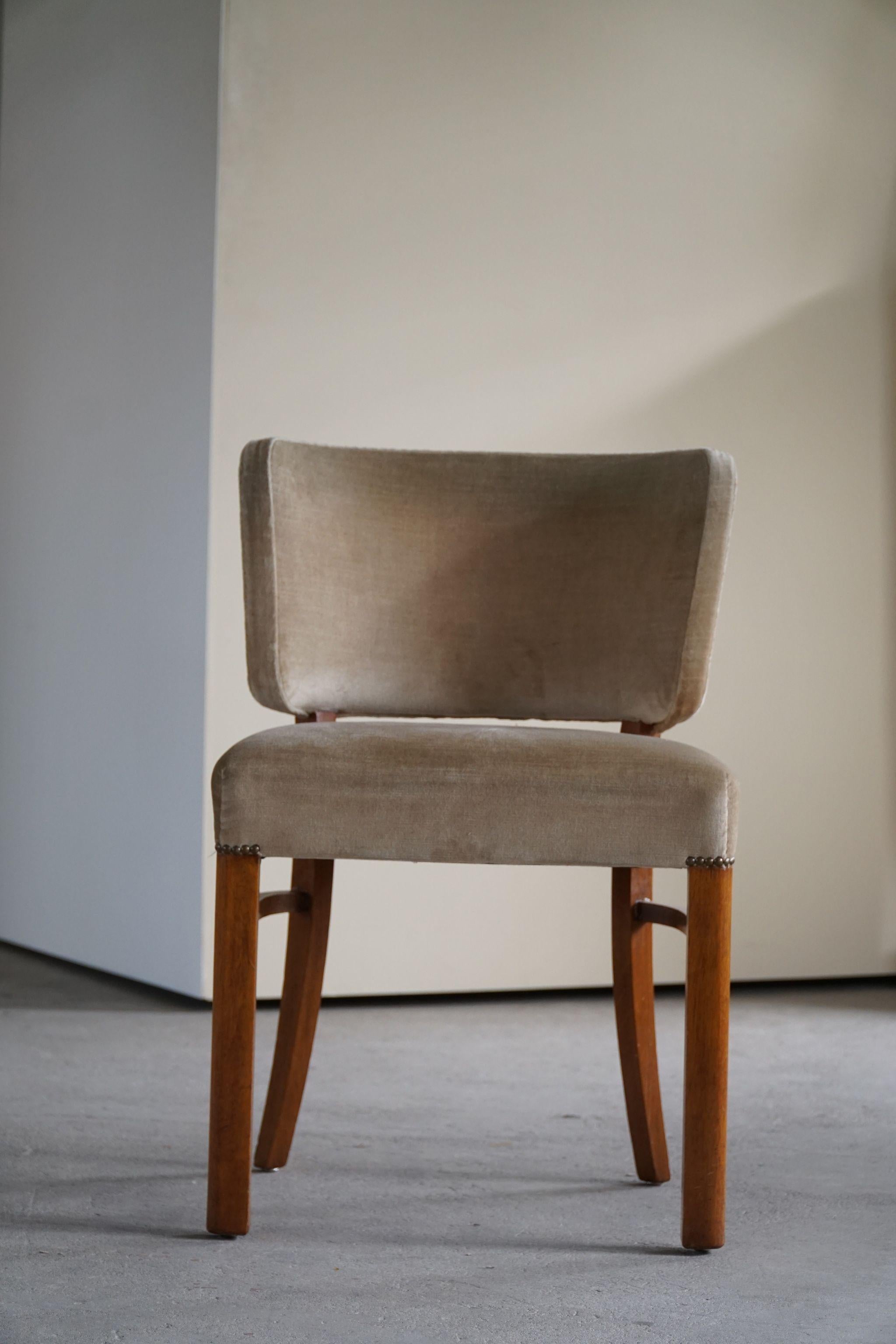 Art Deco Otto Schulz, Dining Chair in Solid Oak, Upholstered in Velvet, Swedish Modern