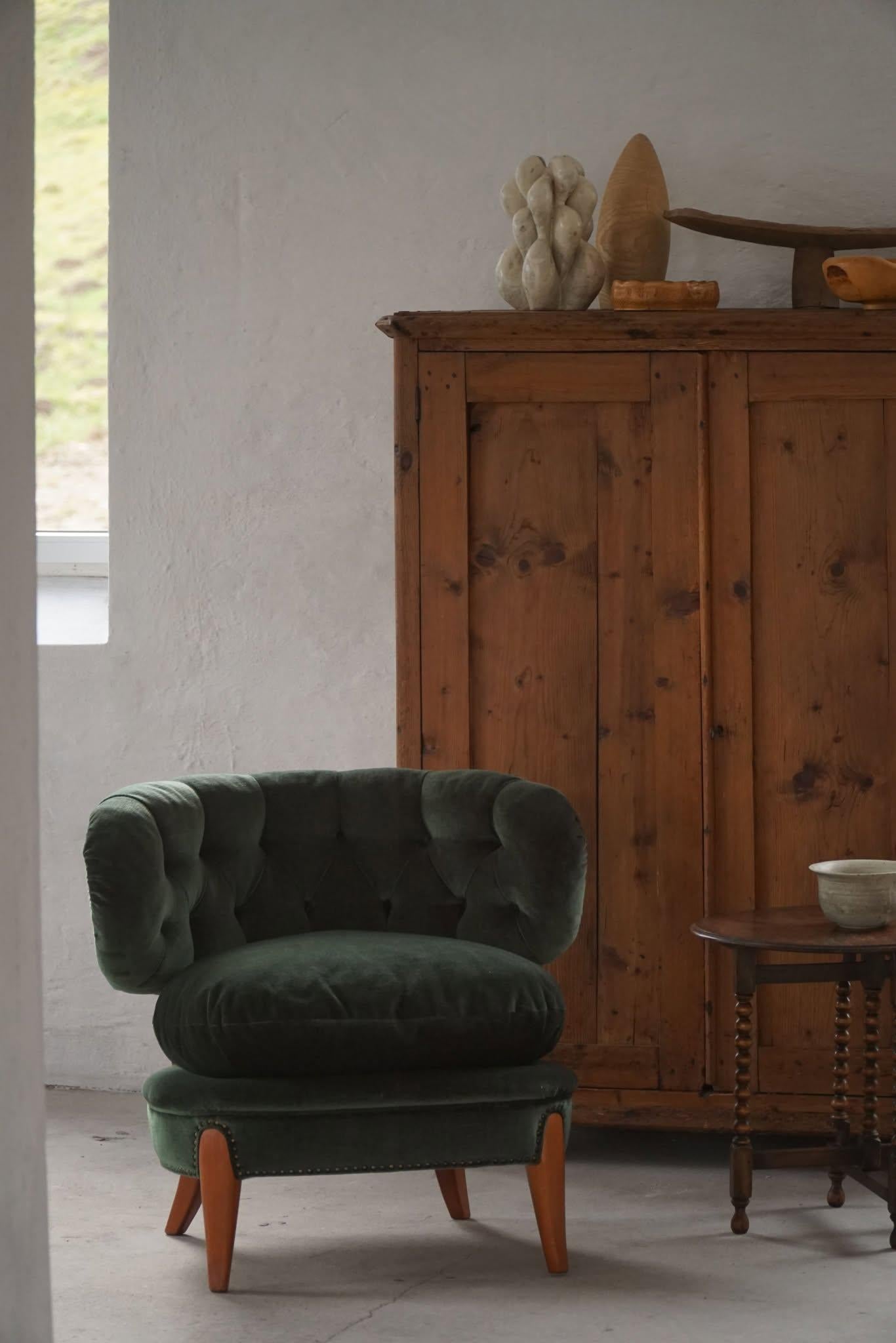 Otto Schulz, Lounge Chair in Green Velvet, Boet, Swedish Modern, 1940s For Sale 4
