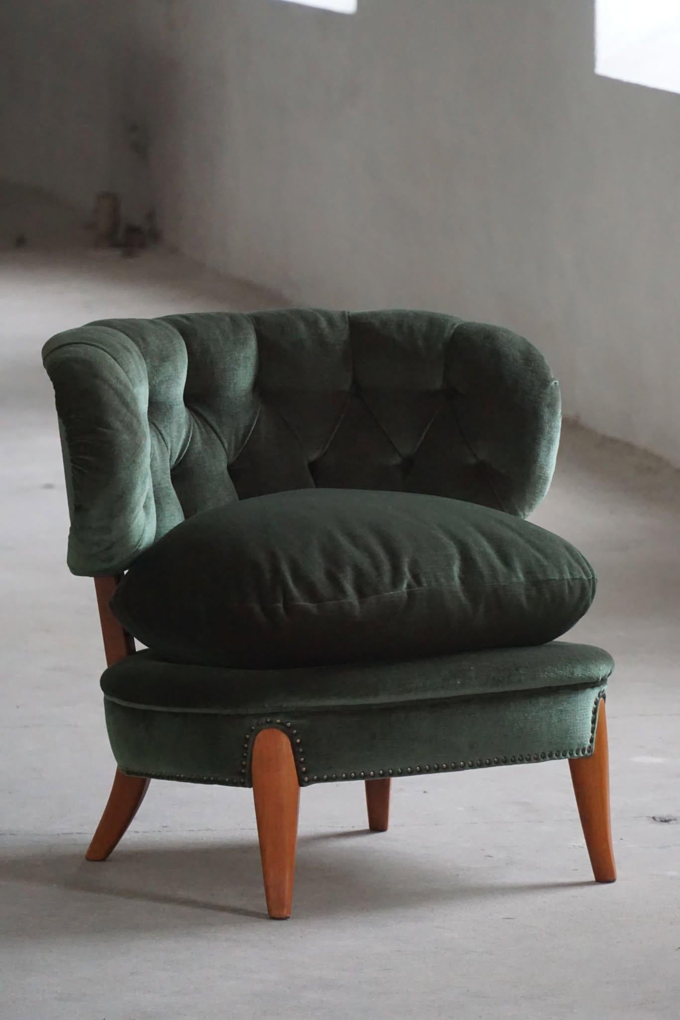 Otto Schulz, Lounge Chair in Green Velvet, Boet, Swedish Modern, 1940s In Good Condition For Sale In Odense, DK