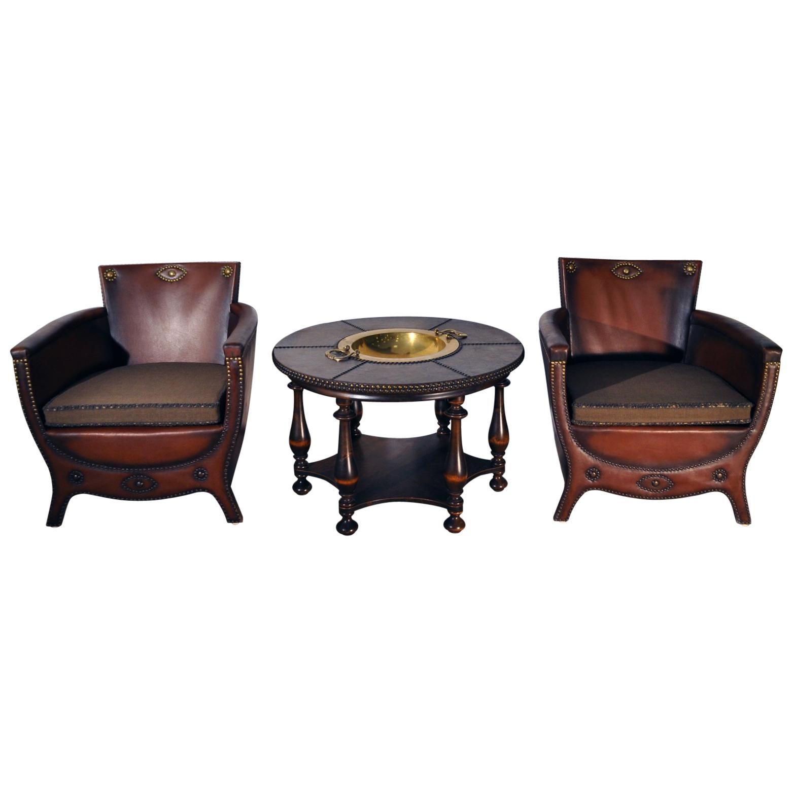 Otto Schulz Lounge Chairs and Table with Original Leather, Sweden, 1930s For Sale