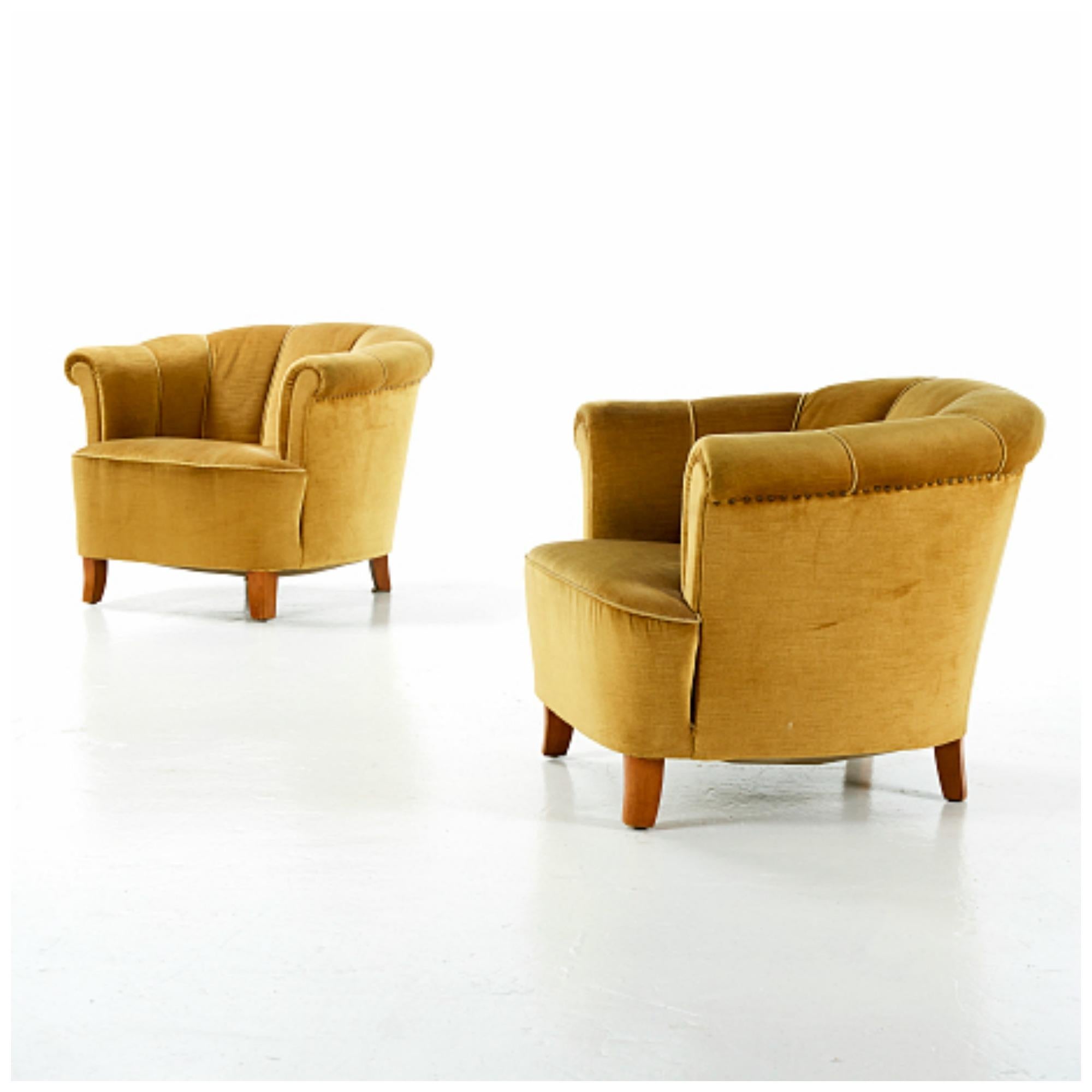 Swedish Otto Schulz Pair of 1940s Lounge Chairs for Boet, Scandinavian, Midcentury